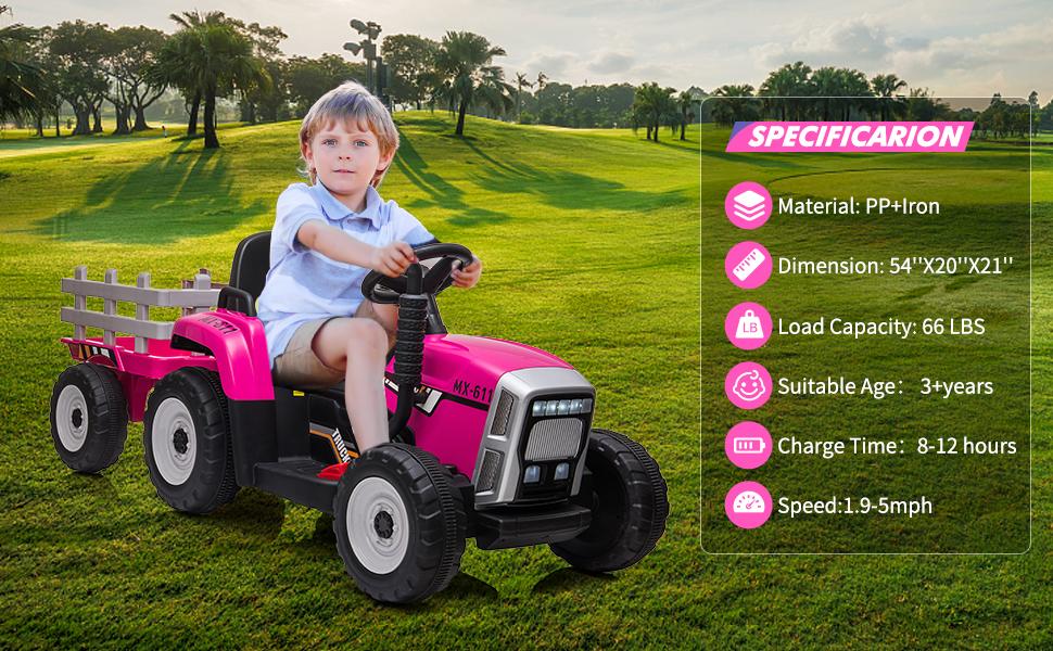GARVEE 12V Battery Powered Electric Tractor with Trailer for Toddlers 3-6 Years, Featuring Remote Control, 7-LED Headlights, 2+1 Gear Shift, Music Player, USB Port, Rose Red Color, 35W Motor, EVA Tires