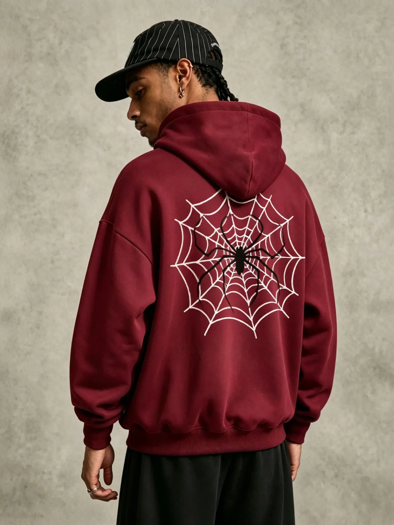 Men's Hooded Pullover Sweatshirt, Long Sleeve, Oversized Fit, Back Spider Web Print, Fleece Lined, Warm & Cozy, Casual Street Style For Fall & Winter