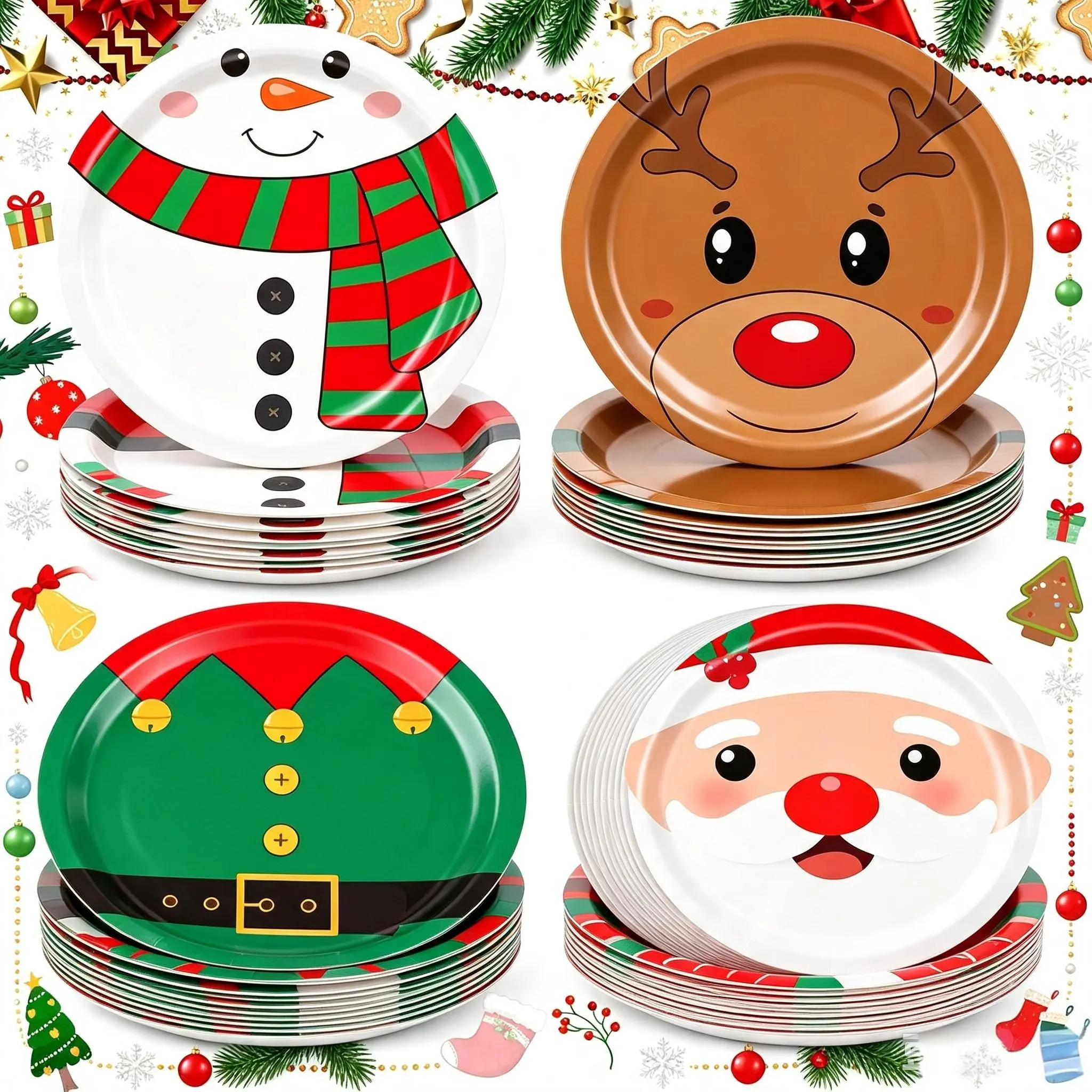 80pcs Christmas Party Paper Plates, Colorful Santa Theme Dessert Plates, 7-9 Inch Disposable Snowman Party Platters, Holiday Gift