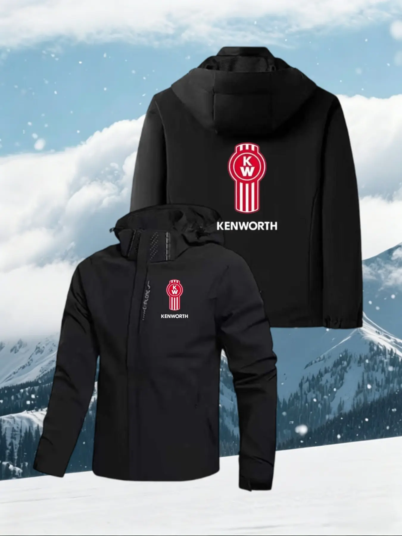 Kenworth Truck Logo Hooded Jacket, Unisex Outdoor Windproof Waterproof Coat, Geometric Pattern, Loose-Fit, All Seasons Fashion, Windproof Casual Jacket