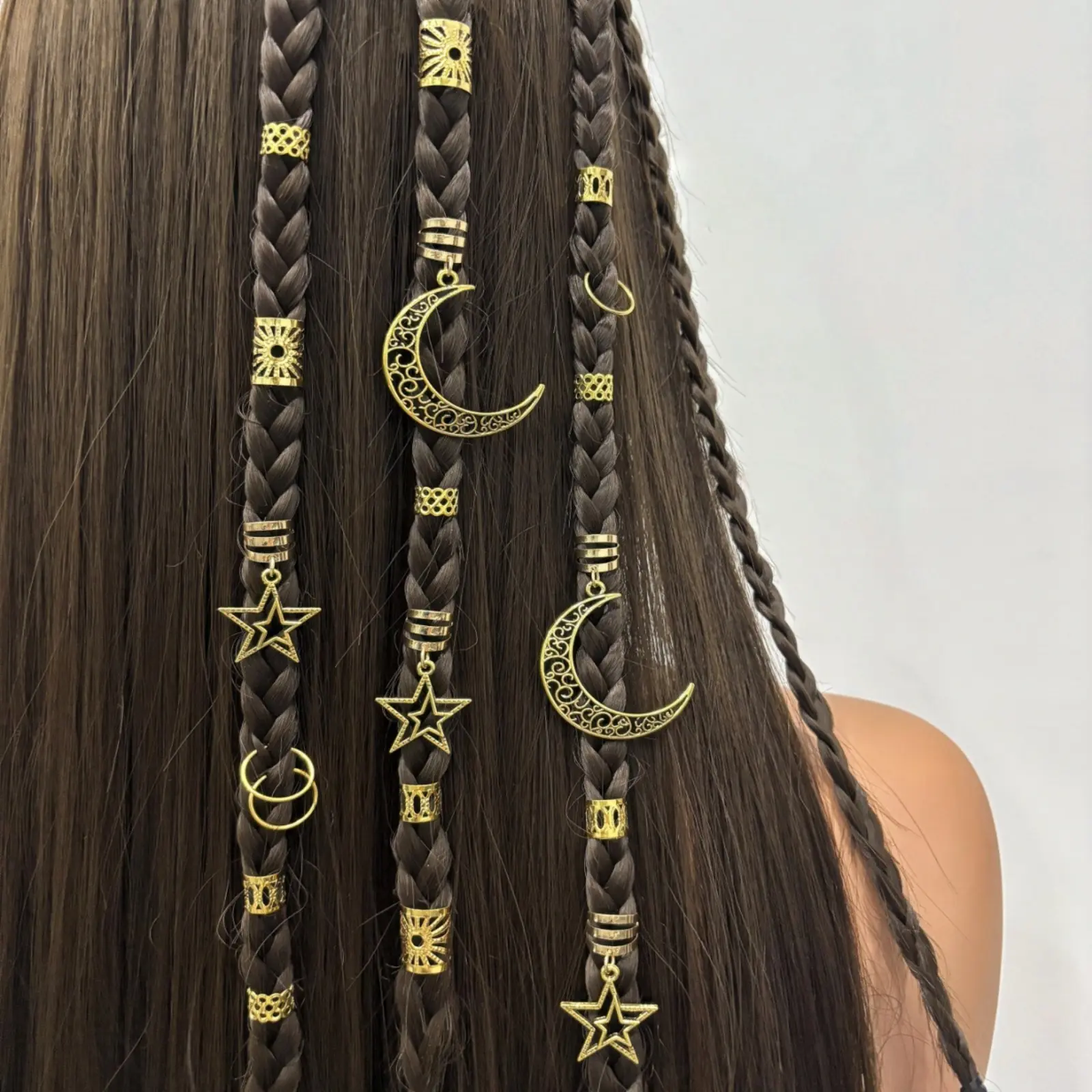 60Pcs Braiding Hair Jewelry - Gold Dreadlock Beads, Cuff Shape Hollow Moon Star Charms for Women’s Music Festival Rave Sports & Outdoor Hair Accents, Hollow Charms, Rave Cosplay, Women Girls, Music Festival Outfits,back to school,back to school haul