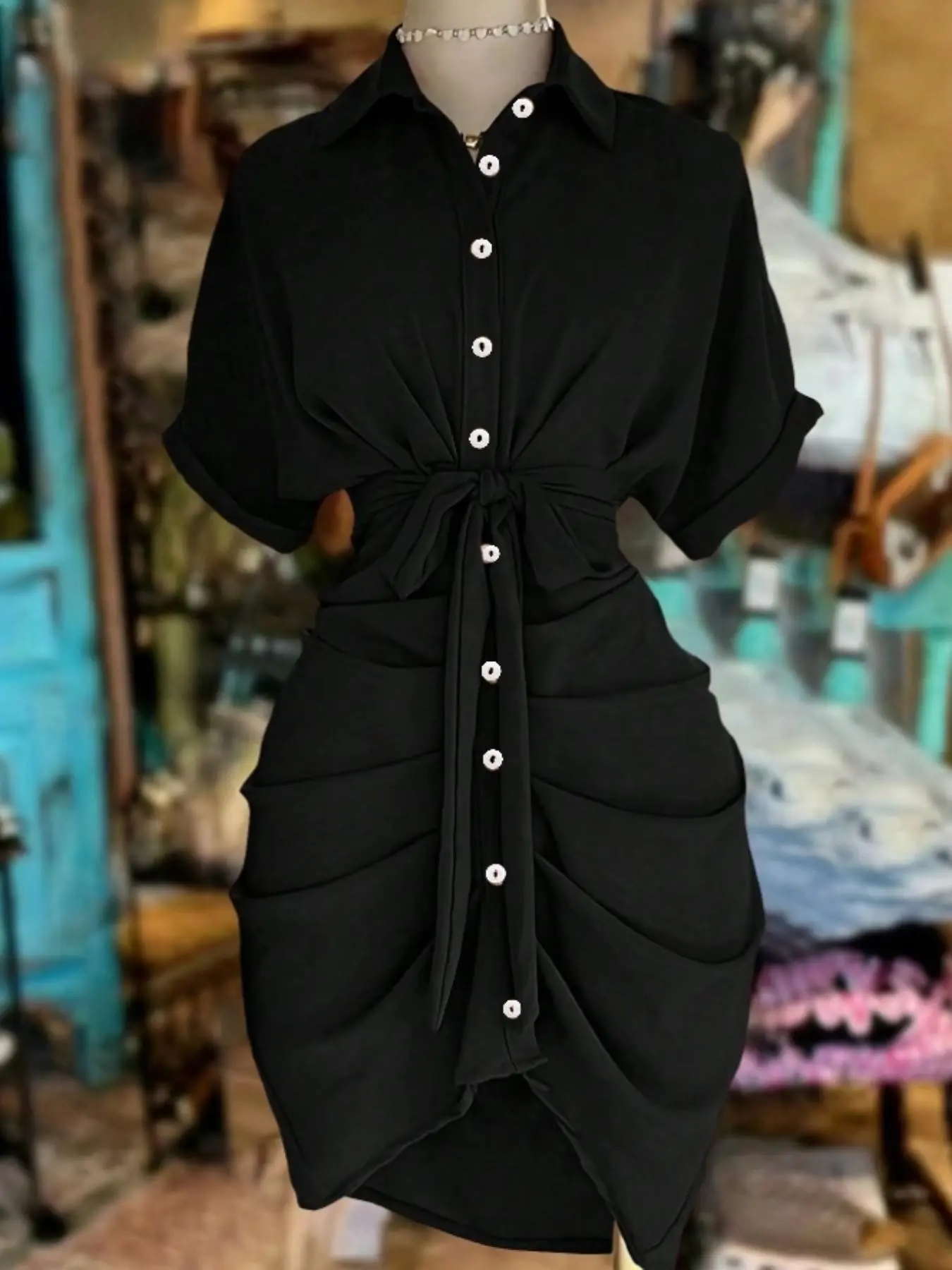 Women's Summer Dress, Lapel Single Button Tie Waist Fit Short Sleeve Shirt Skirt, Fashionable Elegant Ladies' Clothing for Warm Weather