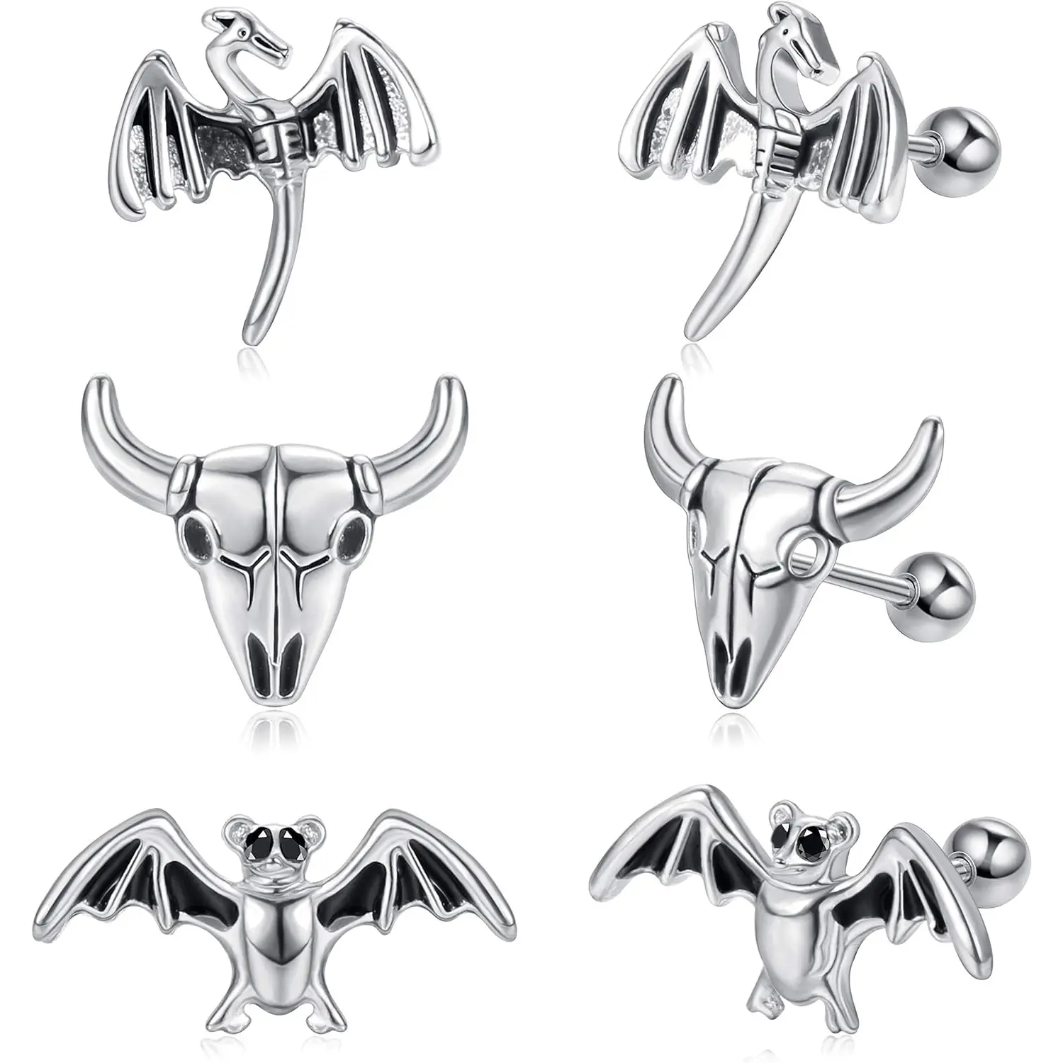 3 Pairs 18G Cartilage Stud Earrings for Women Men, Halloween Bat Bull Dinosaur Earrings Set, Tragus Studs Barbell Piercing Jewelry