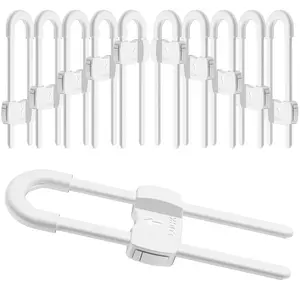 10 Pack White 4 Button U-Shaped Adjustable Child Safety Proofing Cabinet Locks Fit for Wardrobe Kitchen Bathroom Drawer Fridge Cupboard Doors Knobs & Handles