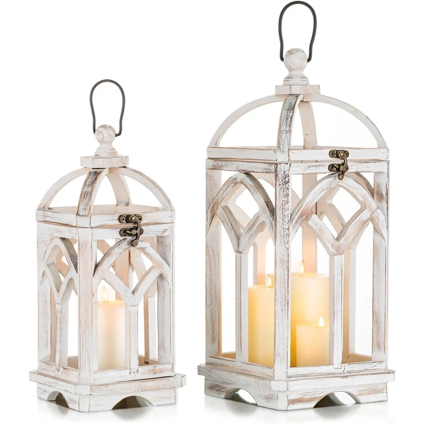 Set of 2   Candle Lanterns Decorative, Whitewashed | 12" and 16" Tall Rustic Lantern; Painted by Hand with Distressed White Finish; Indoor/Outdoor Use for Mantel, Table, or Patio