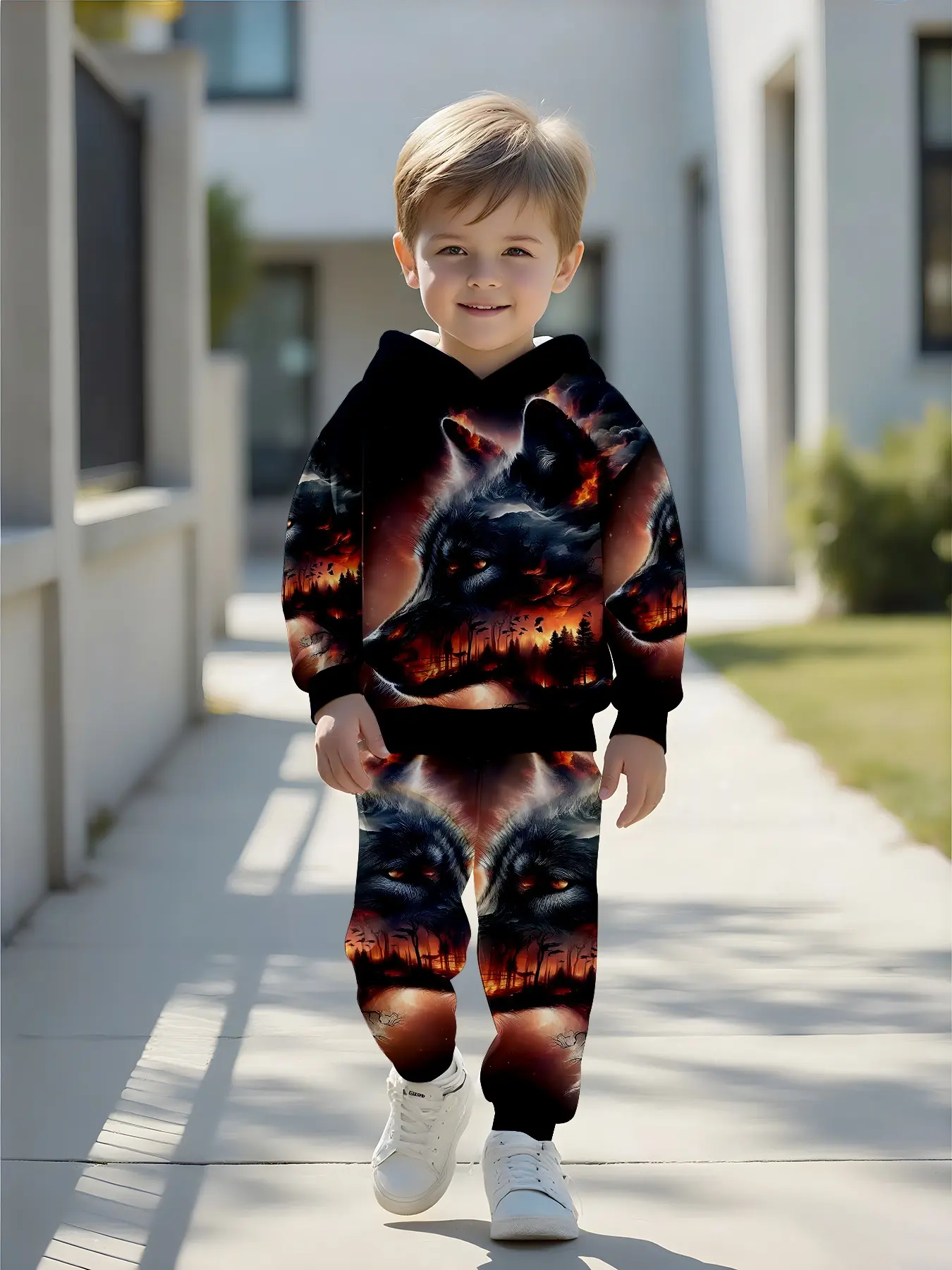 Dark Flame Forest Wolf 3D Print Kids Hoodie Set, Cool Personality Boys' Drawstring Sweatpants Two-Piece Set, Trendy and Stylish