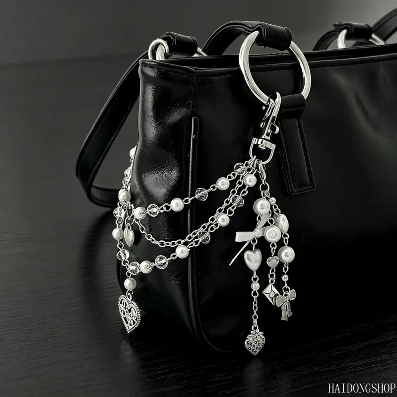 Coquette Y2K Sweet Cool Viral Heart Pearl Crystal Beaded Bag Chain For Women, Minimal Ins Personality Purse Charm, Lovecore Girly Accessory For Backpack Handbag Daily Travel Styling,santa,muerte,pendant
