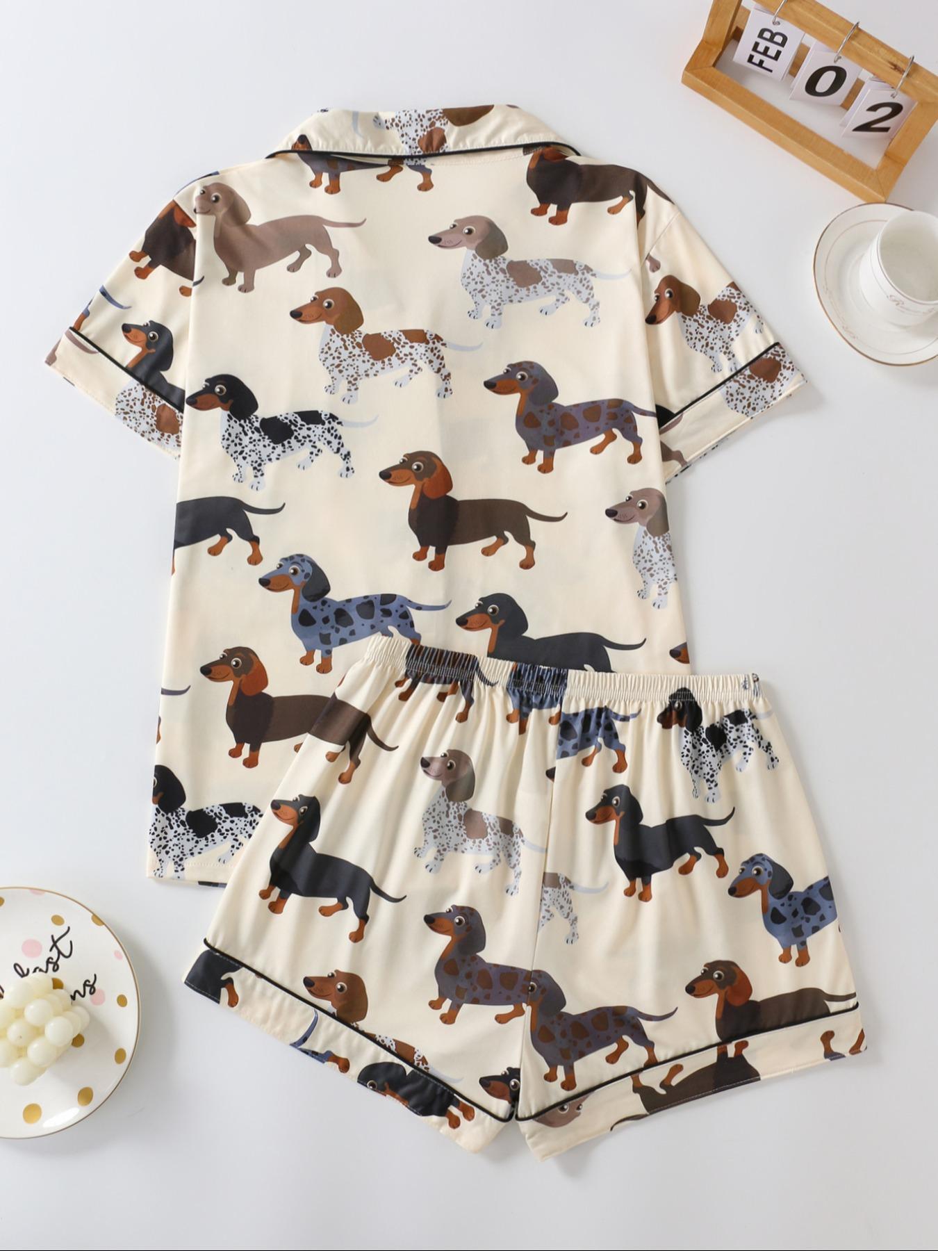 Women's Cartoon Dog Print Short Sleeve Matching Pajamas Two-piece Set, Casual Comfy Lapel Neck Button Design Pj Set for Daily Home Wear, Ladies Sleepwear for All Seasons, Loungewear,  Pastel Cute Pajamas, Breathable Stylish Pajama, Cute Pajama Sets