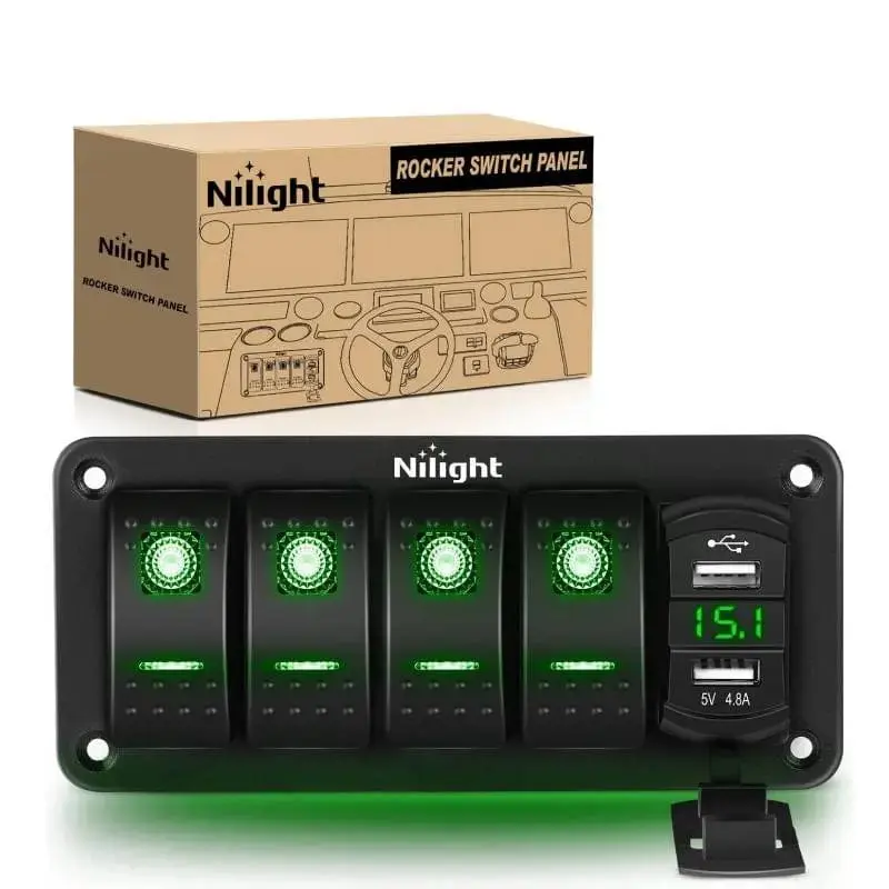 Nilight 4Gang Aluminum 5Pin ON/Off Green Rocker Switch Panel w/ 4.8 Amp Dual USB Charger Voltmeter