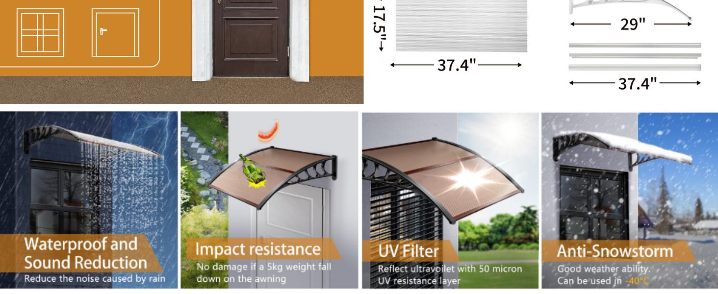 Outvita Window Awning Door Canopy, Polycarbonate Cover Front Door Outdoor Patio Awning Canopy UV Rain Snow Sunlight Protection Hollow Sheet, Brown Board & White Bracket