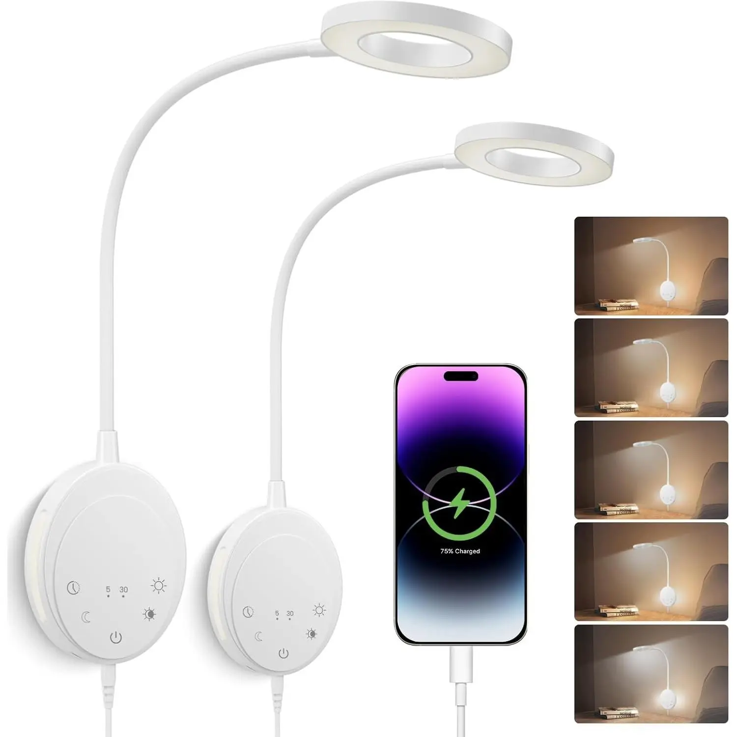 Wall Mounted Reading Light,Headboard Reading Lamp with 5 Color Temperature &5 Dimming,360°Flexible Gooseneck,USB Output, Night Light&Timer Function- Perfect for Reading in Bed (White 2 PCS)
