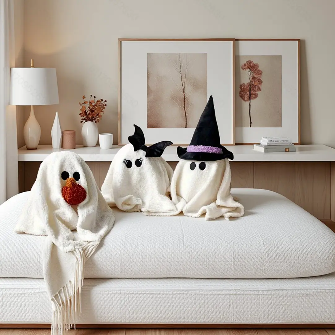 Ghost Shaped Throw Pillow, 1 Count Cute Warm Ghost Sofa Pillow with Pumpkin & Bowknot, Holiday Home Decoration Cushion Pillow, Home Decorative Cushion, Home Decoration, Cushions For Sofa, Sofa Cushion Decorations, Sofa Cushions