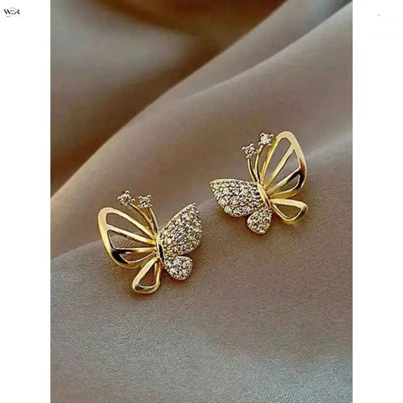 Gold Hollow Butterfly Stud Earrings for Women, Half Paved Clear Zircon Butterfly Earrings Dainty Minimalist Daily Jewelry Gift