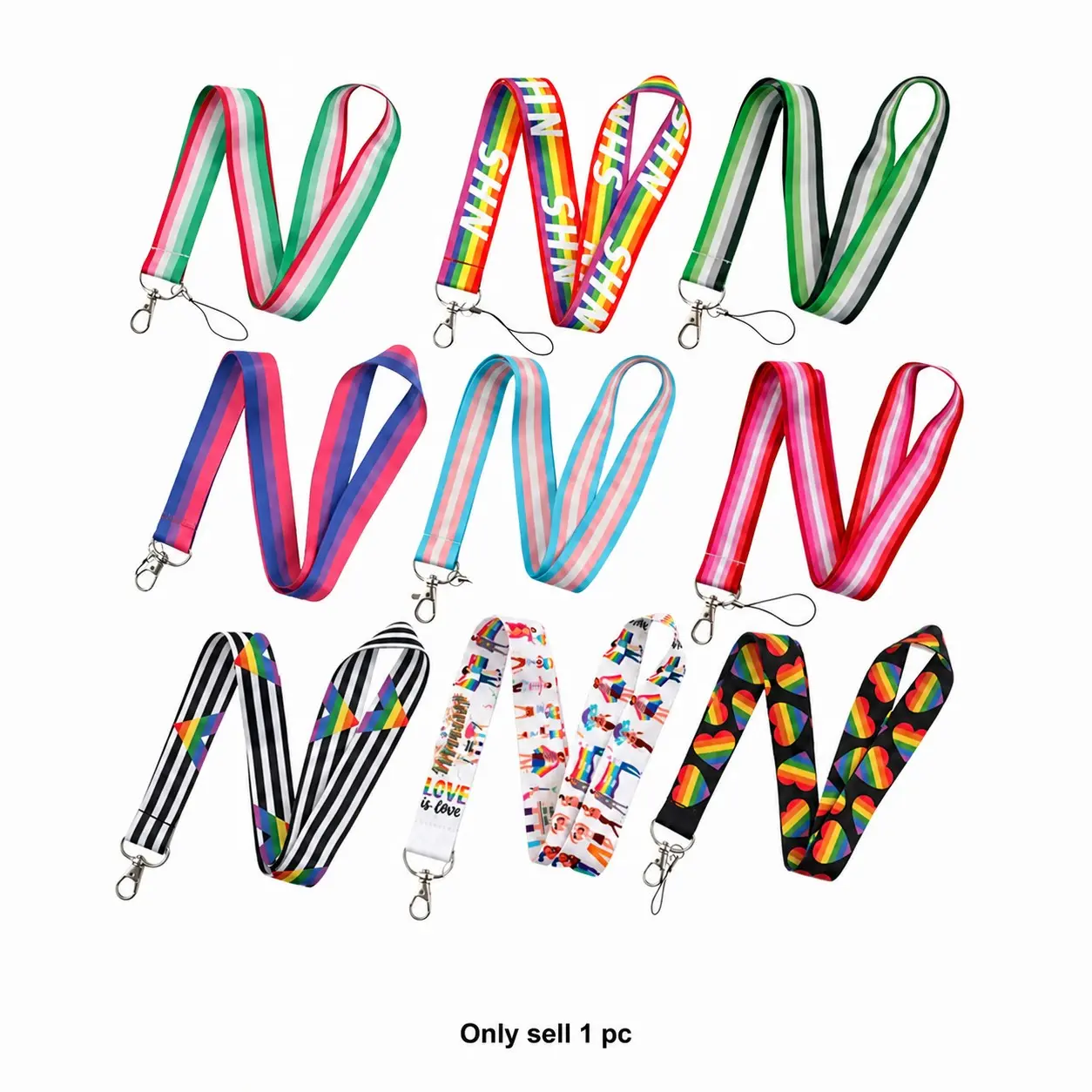 Pride Lanyards, Double-Faced Lgbtq+ Pride Flag Lanyard, Rainbow/NHS Rainbow / Pink-Blue / Red-Pink Striped Designs, Ink-Infused Print, High Quality Clasp