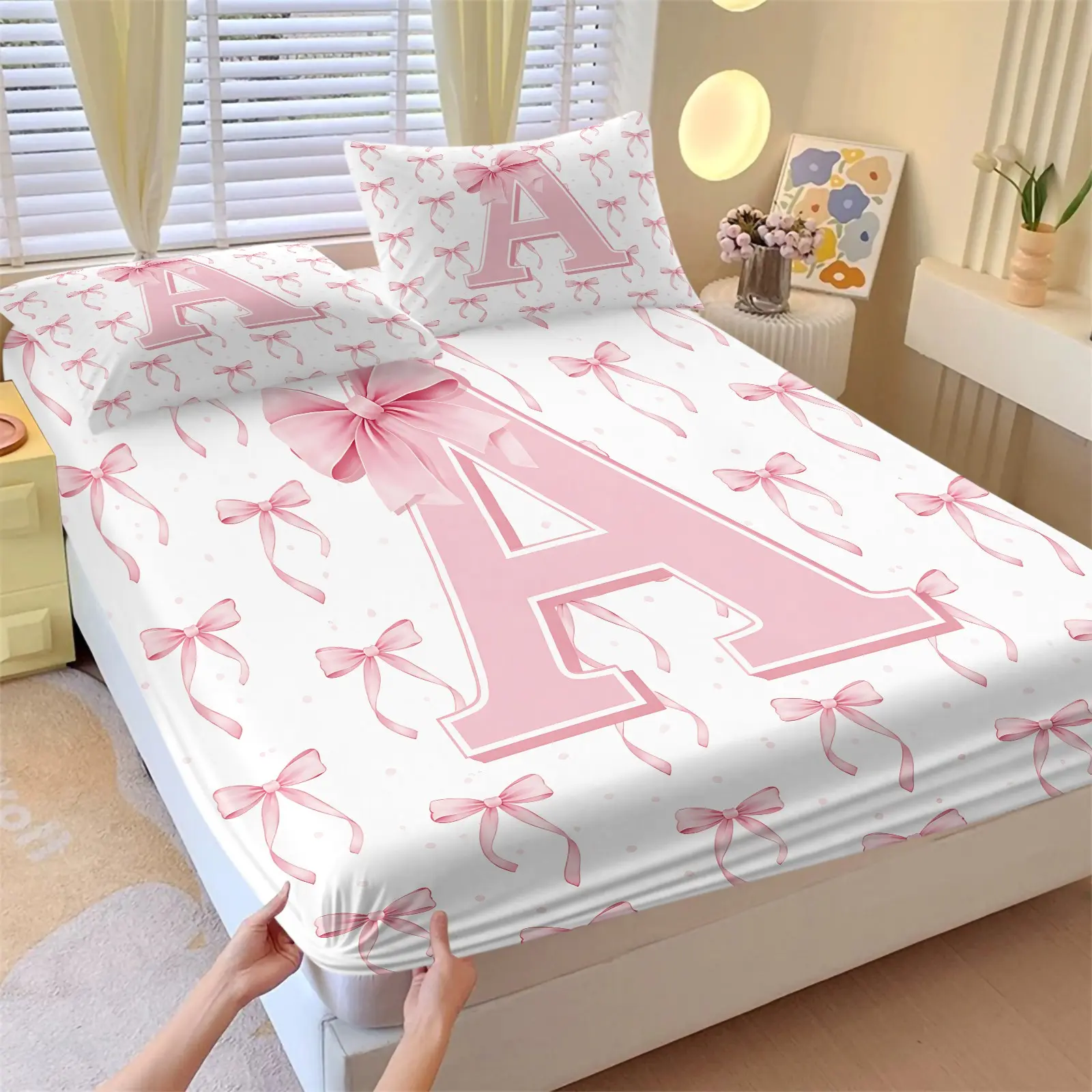 Sweet Girl Pink Bow and Letter Print 3-Piece Fitted Sheet Set, Including 2 Coreless Pillowcases, Strong Wrapping, Soft Microfiber Deep Pocket Design All Season for Children, Girls Bedroom Decoration bow bedding set Bedsheet Sets