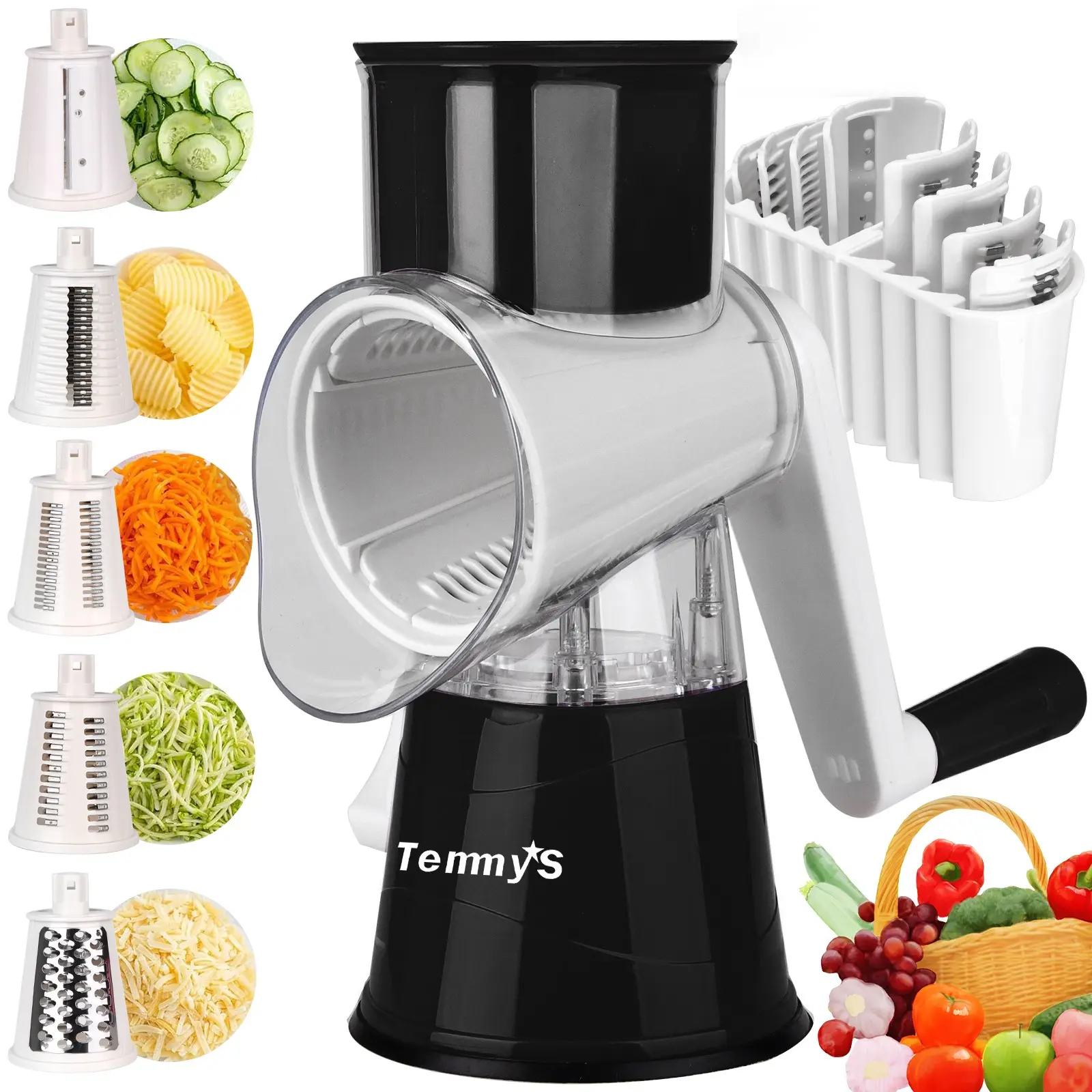 5-In-1 Rotating Cheese Grater, Vegetable Slicer, Removable Blade, Storage Box, Waffle Cutter, Handle, Strong Suction Base, Nut Crusher, Rotary Cheese Grater Manual, Cheese Cutting Grater, Multifunctional Kitchen Slicer
