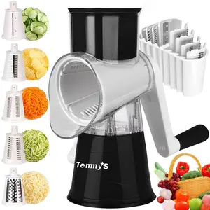 5-In-1 Rotating Cheese Grater, Vegetable Slicer, Removable Blade, Storage Box, Waffle Cutter, Handle, Strong Suction Base, Nut Crusher