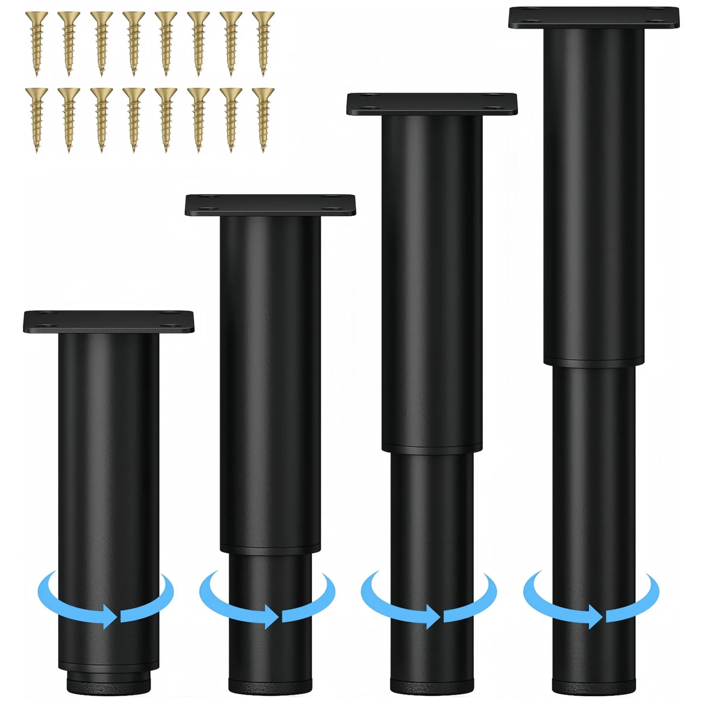 4 Pack Adjustable Metal Furniture Legs, Height 13cm-24cm (5.12"-9.45"), Heavy Duty Telescopic Steel Support Feet, Replacement Riser Legs for Sofa Bed Coffee Table Cabinet Dresser Chair, Non-Slip Floor Protector with Mounting Screws