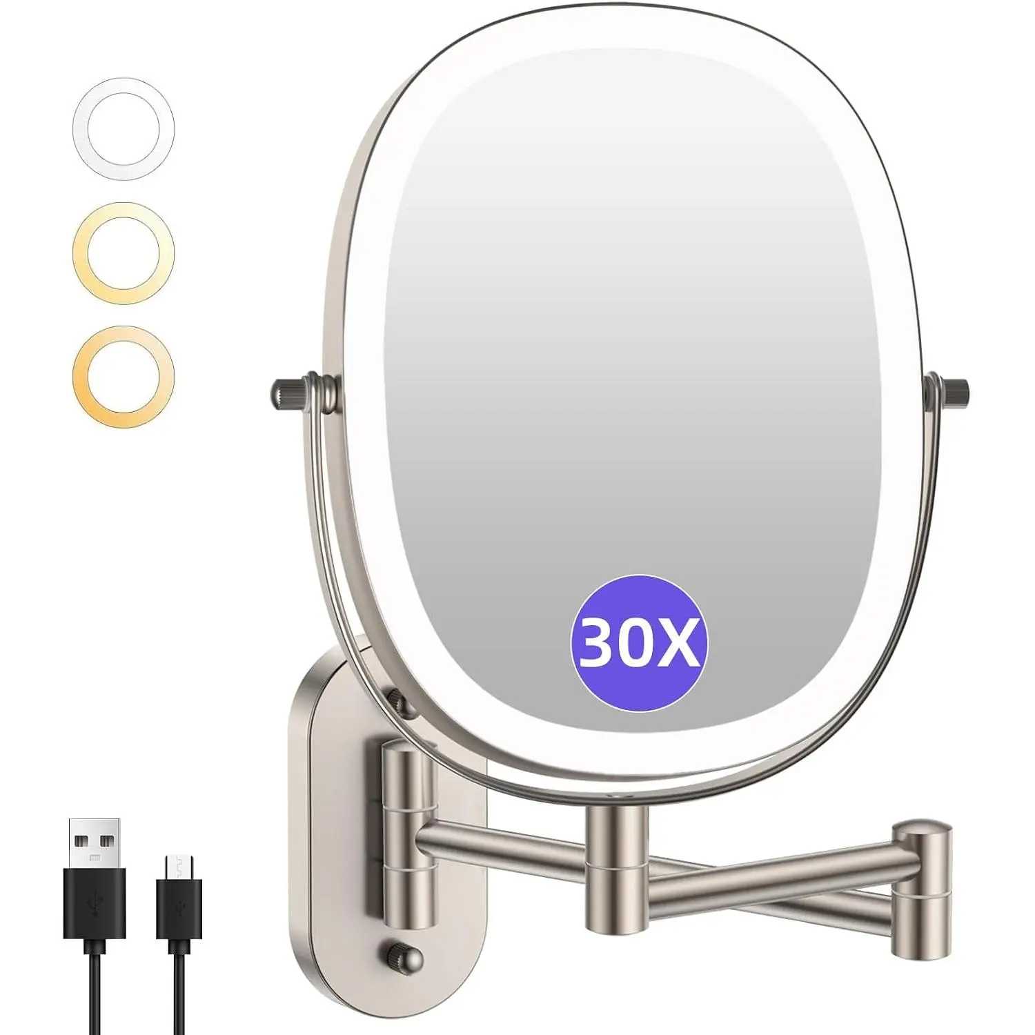 5000mAh Rechargeable Wall Mounted Lighted Makeup Mirror,Nickel | Double Sided 30X/1X Magnifying Mirror Wall Mounted,Extended Arm 360°Rotation, Dimmable,3 Color Lights for Bathroom