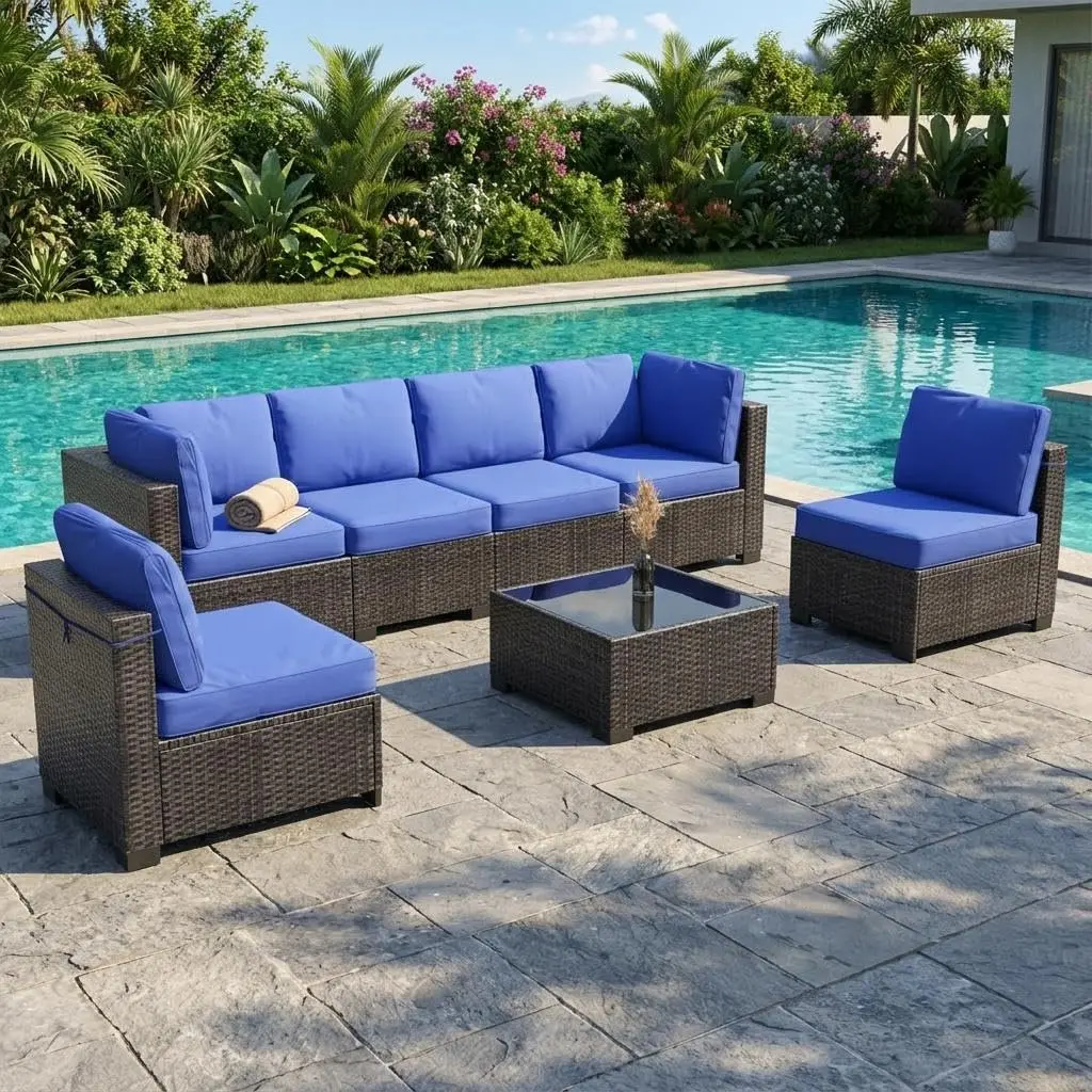 GARVEE 7-Piece Outdoor Patio Furniture Set, PE Wicker Sectional Conversation Set with Cushions and Glass Coffee Table for Backyard, Porch, Outdoor Furniture Set