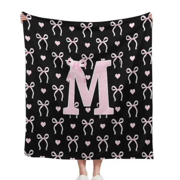 Black Background Custom Monogram Letter M Pink Bow Heart Seamless Pattern Personalized Flannel Throw Blanket Coquette Aesthetic Girly Bow Initial Custom Name Comfort Blanket Girls Bedroom Dorm Customized Gift 30*40in 40*50in 50*60in cooling blankets