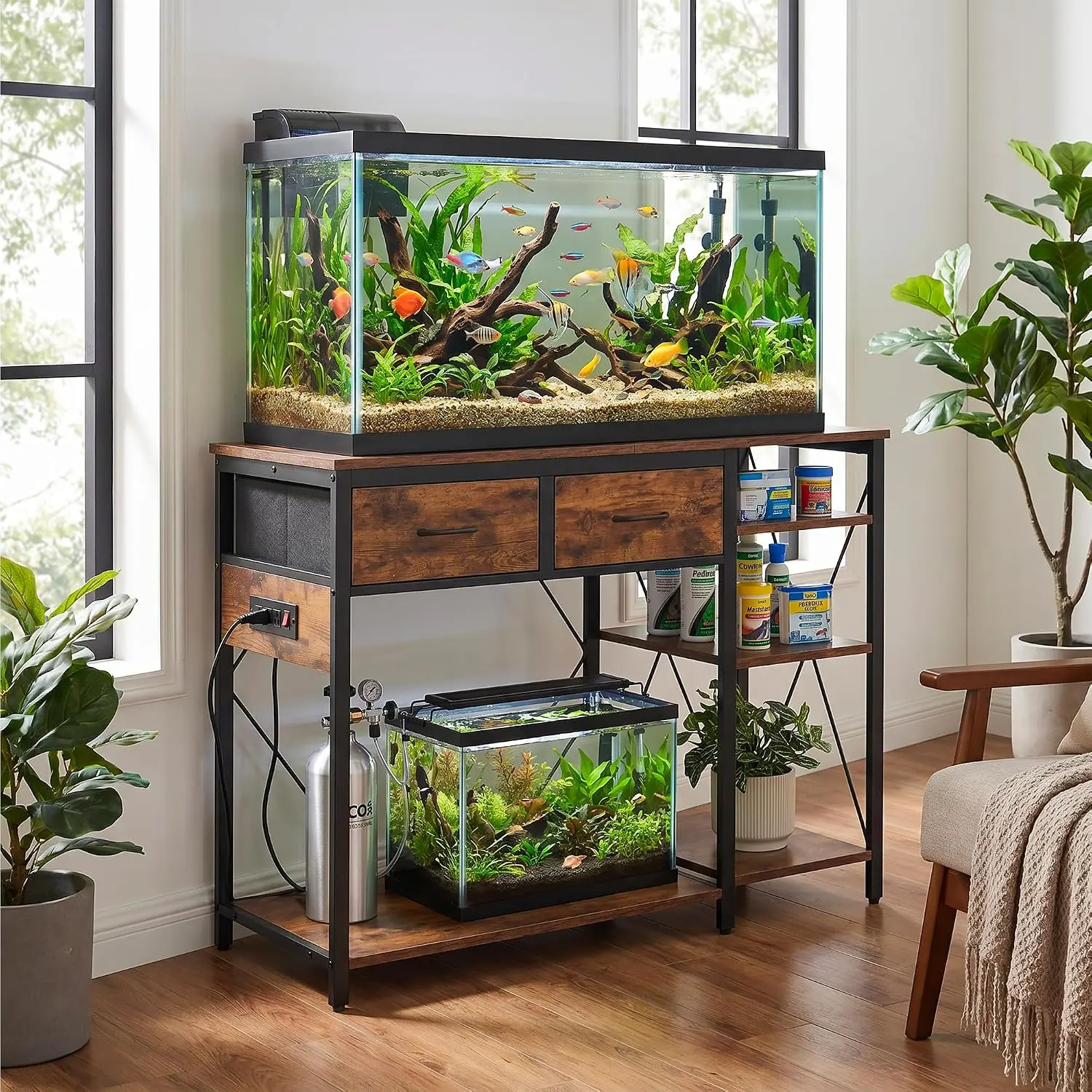 55-75 Gallon Fish Tank Stand | aquarium stand with Power Outlet, 3-Tier Storage Shelf for Fish Tank, Turtle & Reptile Terrarium, 49.2" x 17,7" Top