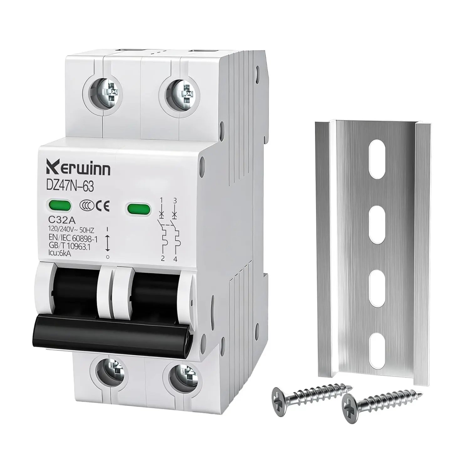 32A Rating AC Miniature Circuit Breaker (MCB) - 2 Pole, 120V/240V 50/60Hz DIN Rail Mount, Mounts Easily, Grid-Tie Ready for Solar Users, RV & Home Circuits