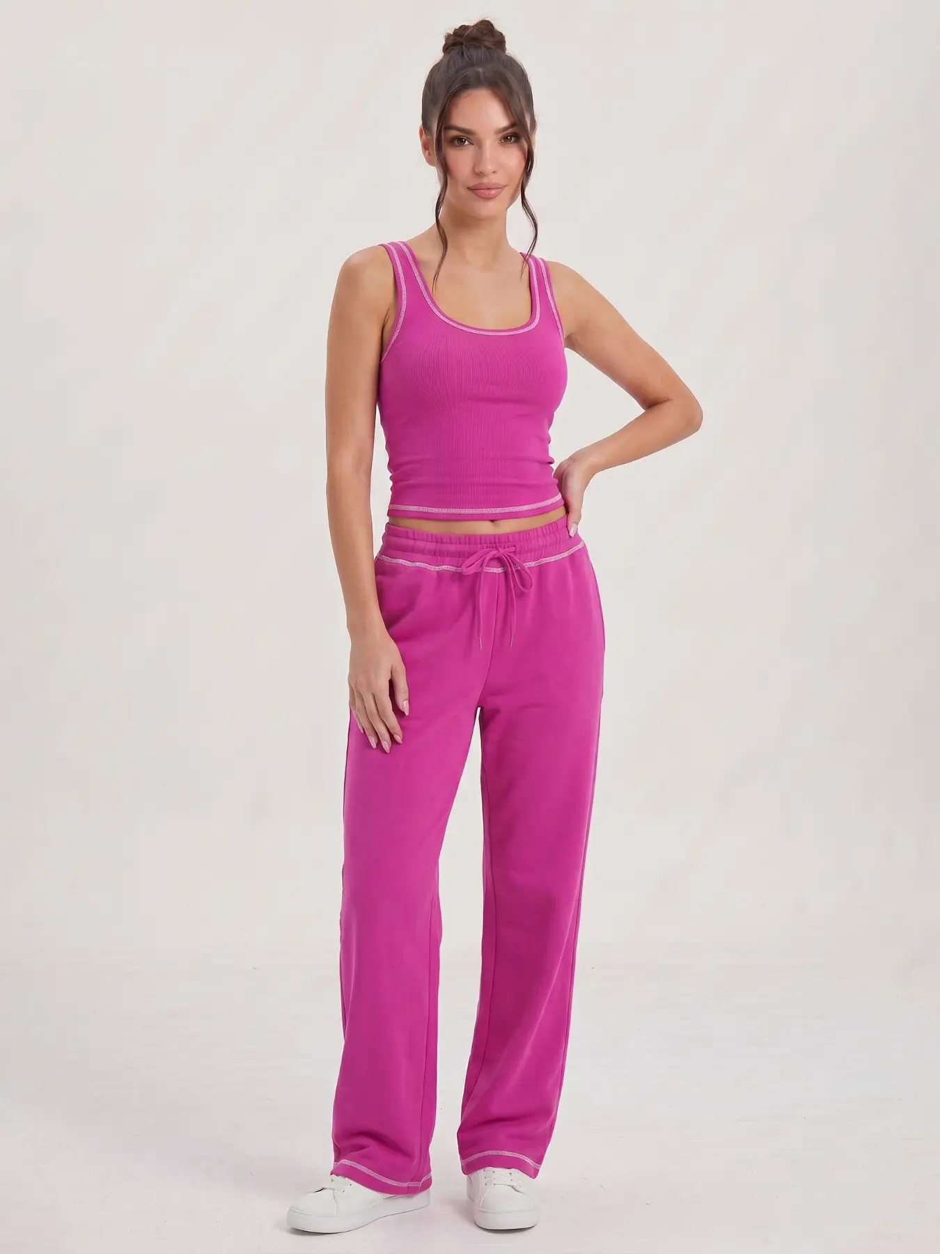 Katch Me Women's Contrast Binding U-Neck Flattering Tank Top & Mid-Rise Wide Leg Trousers Co-ord, Athleisure Casual High Stretch Breathable Lightweight Two Piece Sets, Drawstring, Pill-Resistant Summer Sleeveless Daily Outfits