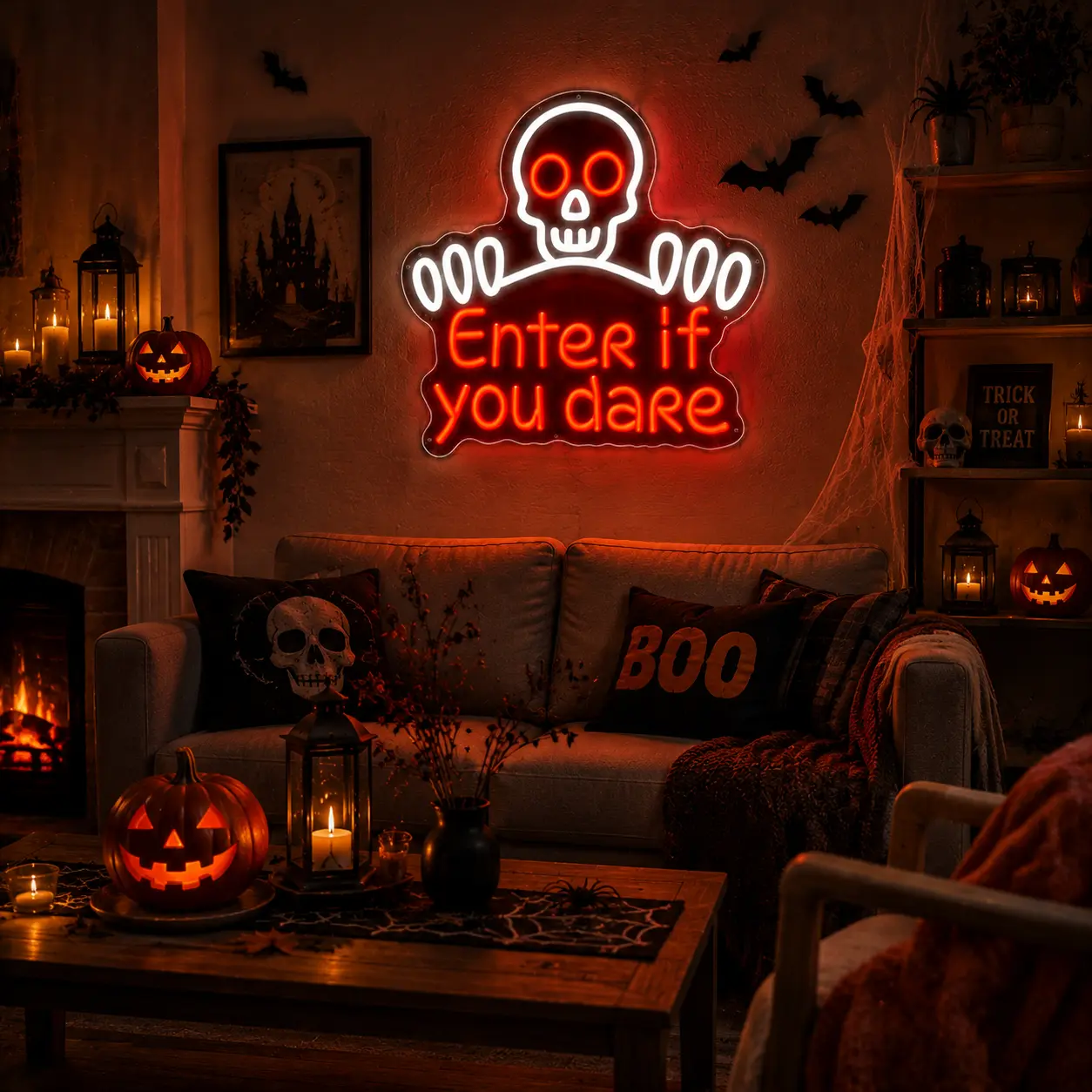 Dimmable Enter if You Dare Skeleton Neon Sign Spooky Skull Halloween LED Neon Light Wall Art for Front Porch Entryway Living Room Bedroom Bar Haunted House Halloween Party Decor USB Powered Easy to Hang 14 Inch Horror Gift for Halloween Lovers Adults