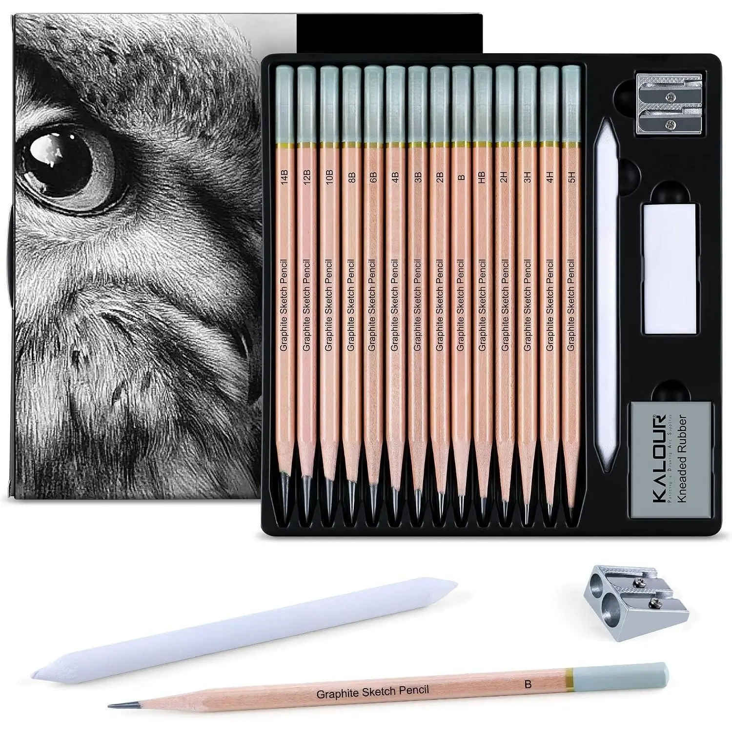 18- Professional Sketch Pencil Set - Includes 5H to 14B Pencils, Vinyl Eraser, Kneaded Eraser,Sharpener and Paper Blending Stump - Ideal for Artists and Beginners
