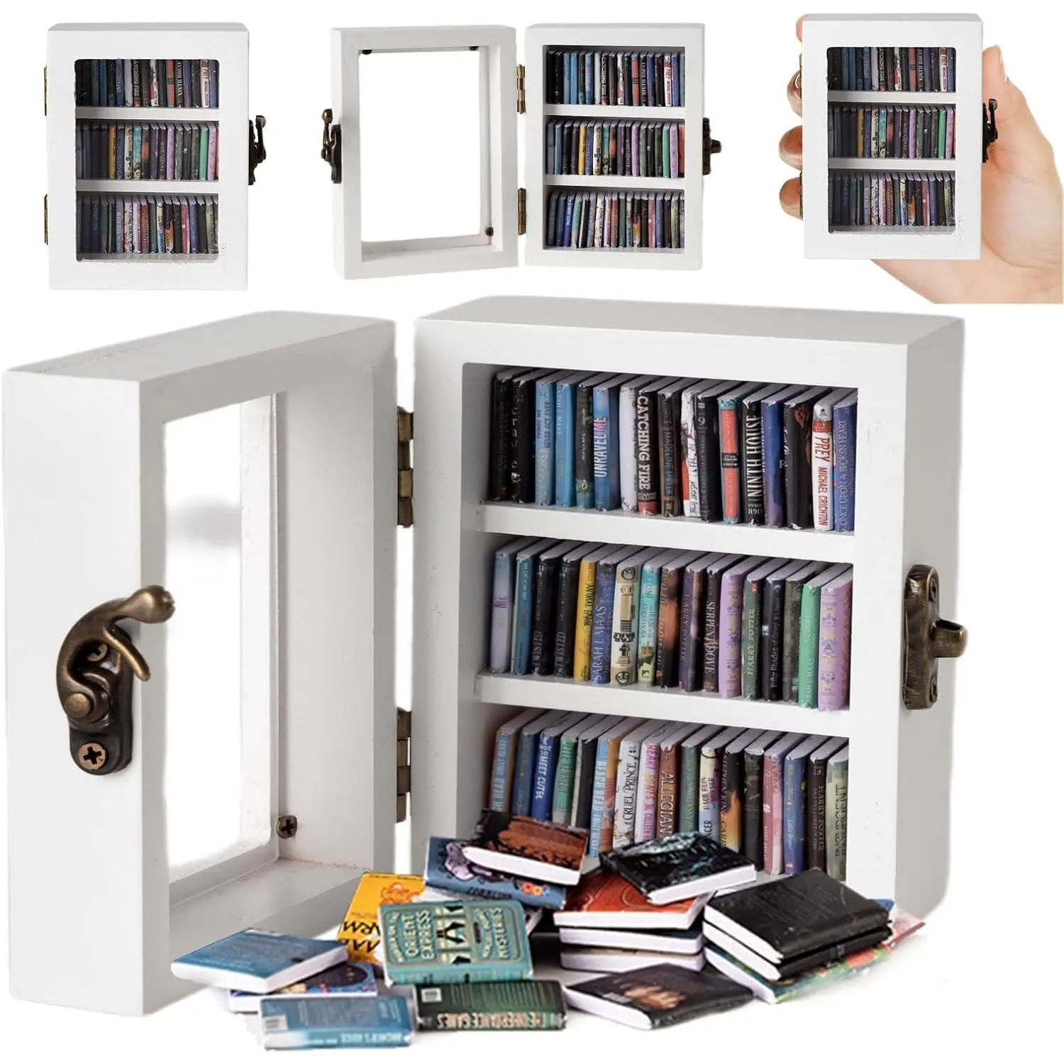 Antique Style White Synthetic Small-Size Bookshelf, Home Decor Storage Box with 60 Mini Books Capacity for Decorative Boxes Organization