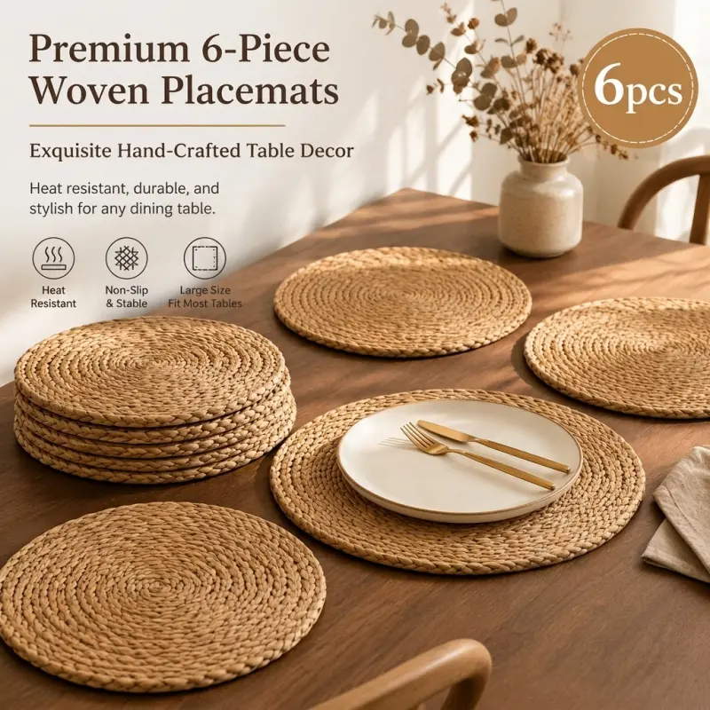 6 pack hand woven round water hyacinth placemats heat resistant non slip natural rattan table mats farmhouse Boho Placemats Set boho dining table decor
