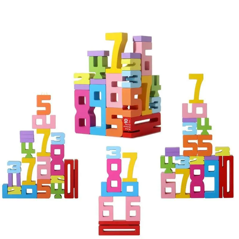 Colorful Number Stacking Blocks Set, Early Math and Logical Thinking Development Toy, Large Particles Assembly, Blocks Tower Game, Wooden Stacking Game