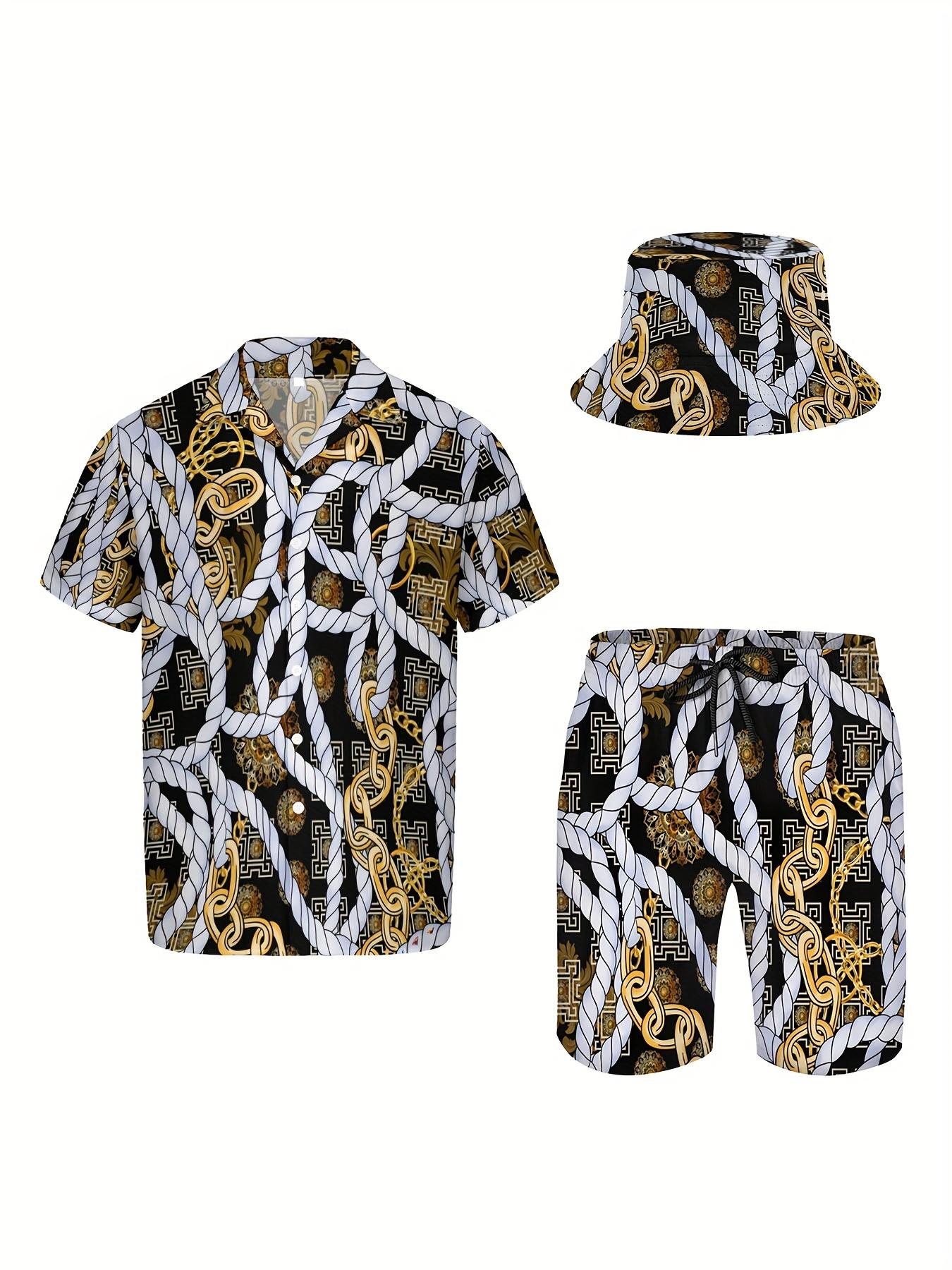 3pcs Men's Hawaiian Shirt And Short Set, Baroque Vintage Rope Golden Luxury Chain Soft Fabric Breathable Shirt Button Short Sleeve Casual Beach Shirts Outfits with Bucket Hats