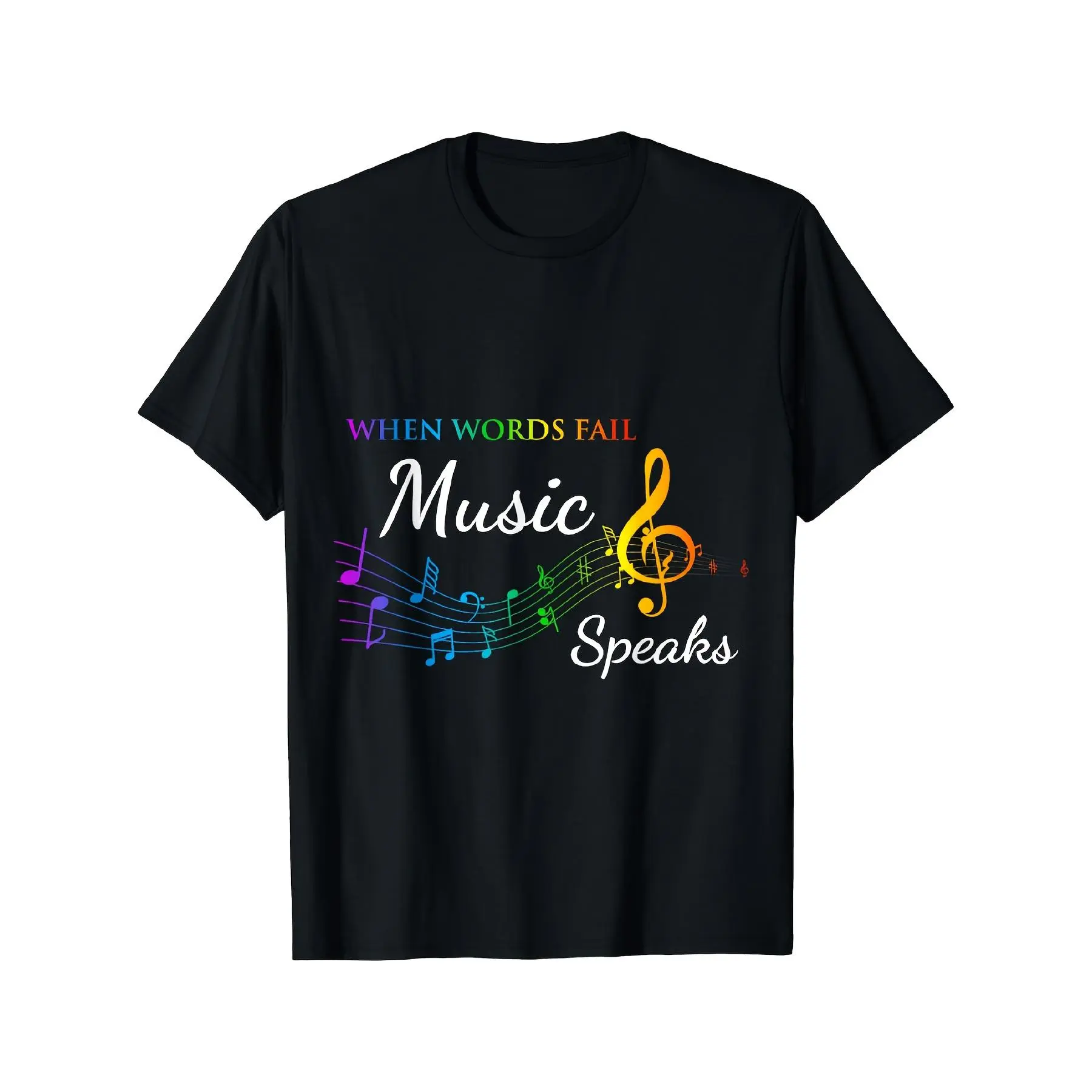 Men's & Women's Vintage Music Note & Treble Clef Graphic T-Shirt - When Words Fail Music Speaks Slogan, Breathable All-Season Casual Tee, Durable Round Neck Shirt for Musicians & Music Lovers, Machine Washable Black Music-Themed Apparel with Treble & Bass