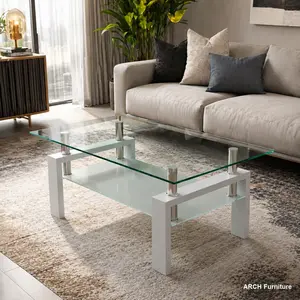 Modern Arched Flat-Top Tempered Glass Coffee Table - 39.37x23.62in Double-Layered, White Metal Tubes, Self-Assemble, Living Room Center Sofa Table