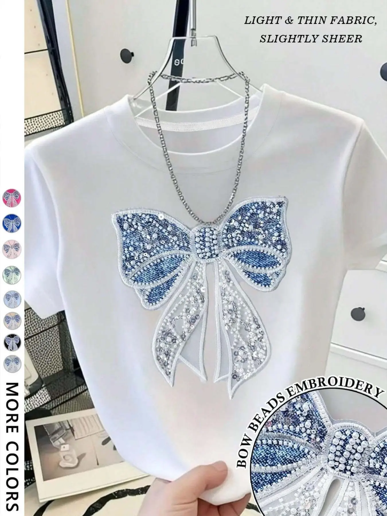 Women's Embroidered Bowknot Round Neck T-Shirt, Loose Short Sleeve, Soft Knitwear, Casual All Seasons, Street Style, Geometric Pattern