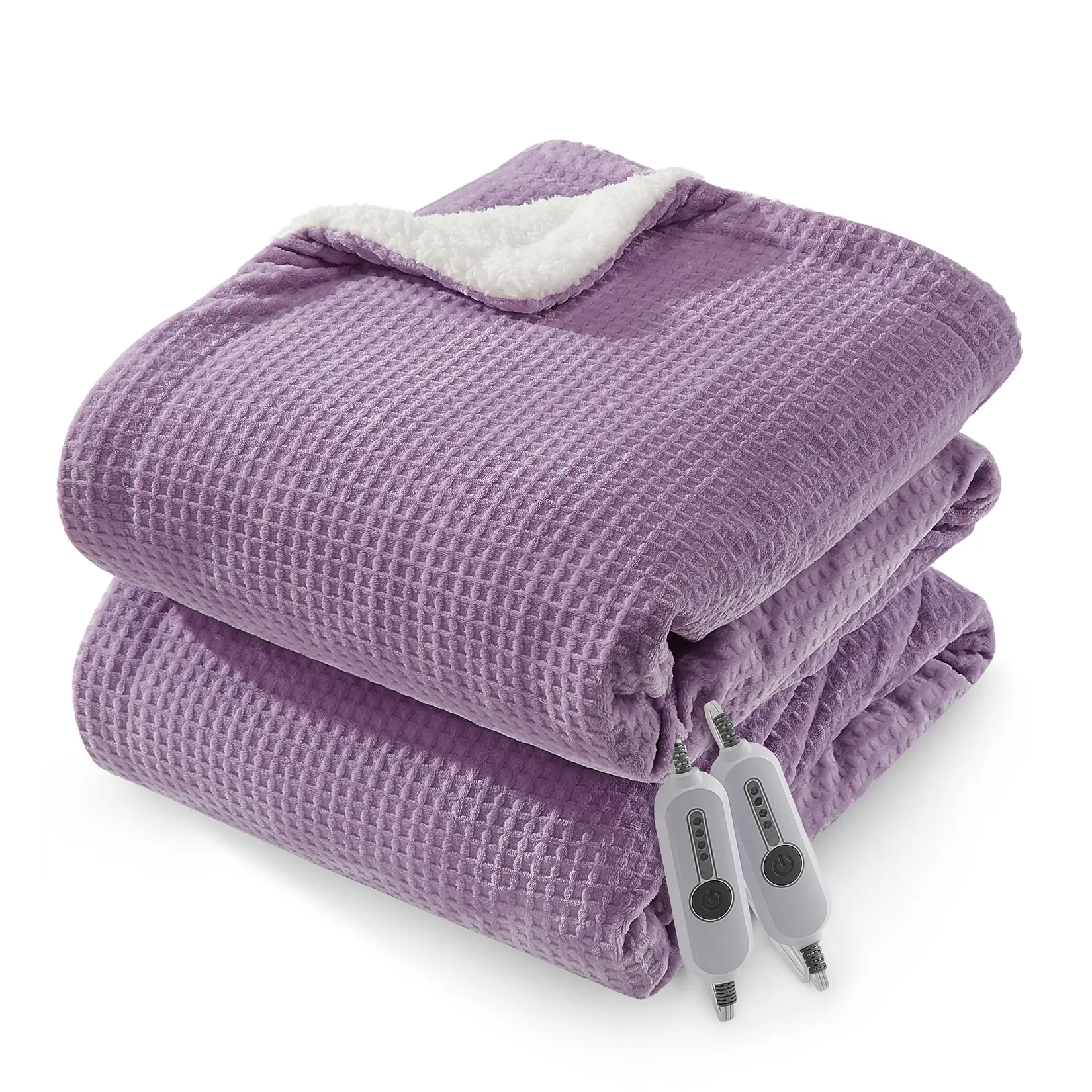 Electric Heated Warm Blanket (90x100 in), 260GSM Waffle Flannel Double Sided Blanket, 4-Level LED Controller, Automatic Function, Heats Bed/Couch/Basement Sofa, Suitable for Reading Chair & Watch Party, Purple