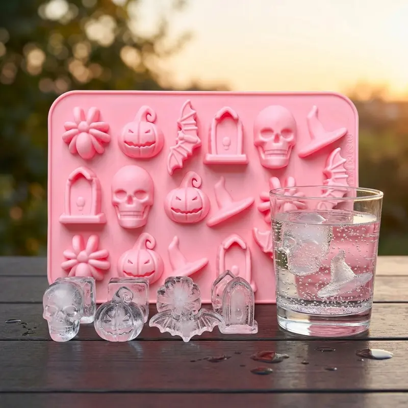 Halloween Theme Food Grade Silicone Mold, 18-Piece Pumpkin Spider Bat Skull Tombstone Witch Hat Ice Cube Molds, Cake Decorating Essential