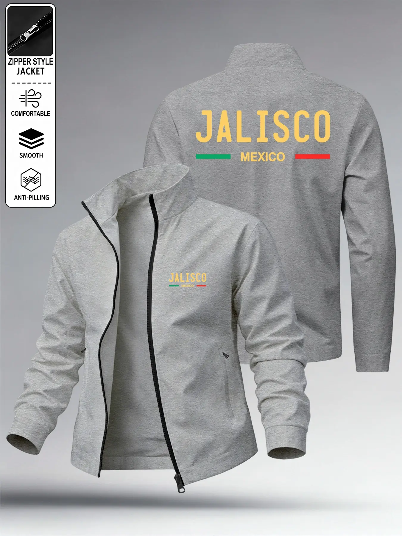 Jalisco Mexico Print Lapel Zipper Jacket, Lightweight Casual Men's Outerwear, Daily Street Wear, Sports, Short Trips Essential