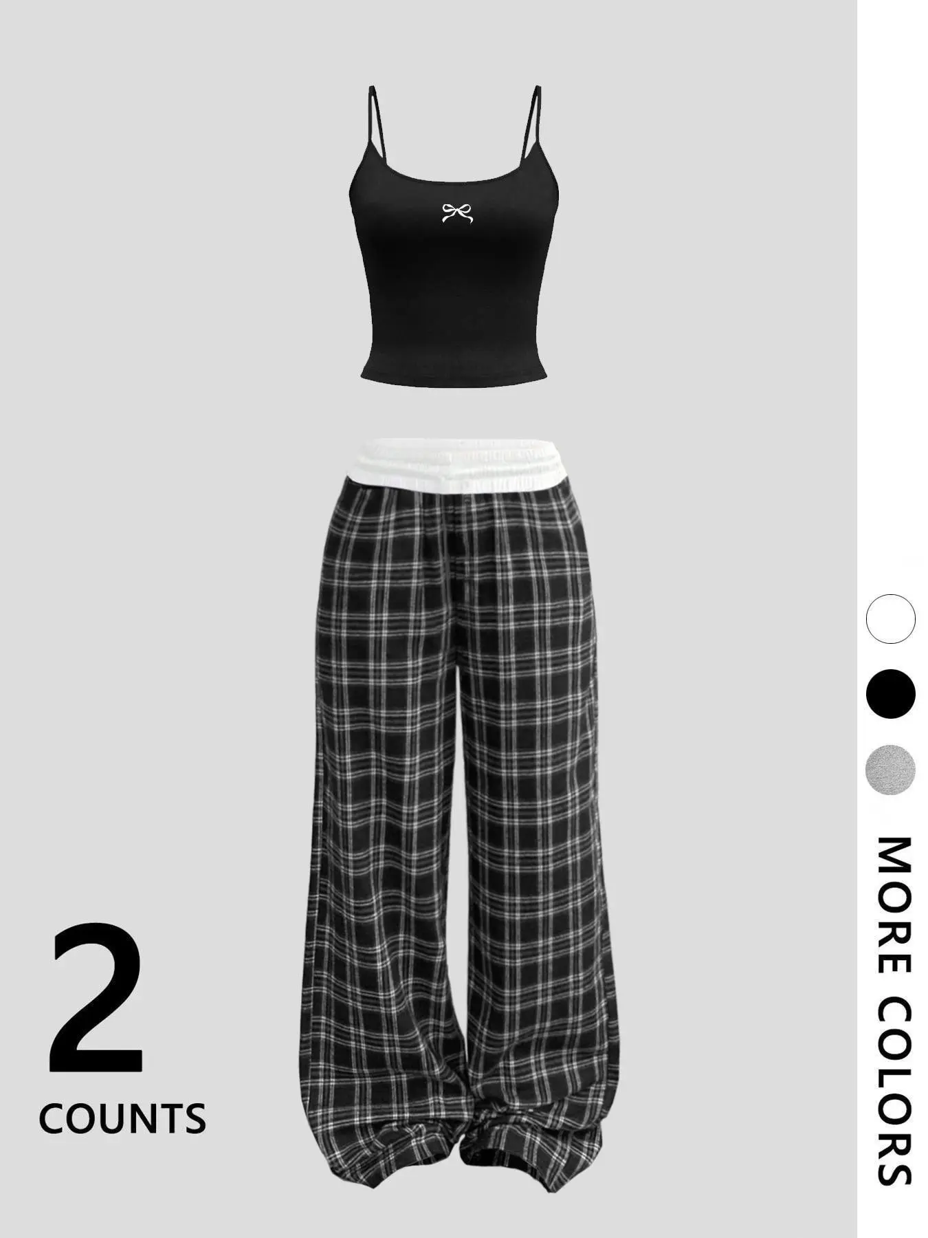 Y2K Aesthetic Two-Piece Set, Womenswear, Bow Strap Top & Plaid Loose Jogger Pants Set, 2025 Summer Outfit, Soft, Breathable, Fitted Crop Top & High-Waist Casual Pants Perfect for Street Style, Casual Look, Spaghetti Strap
