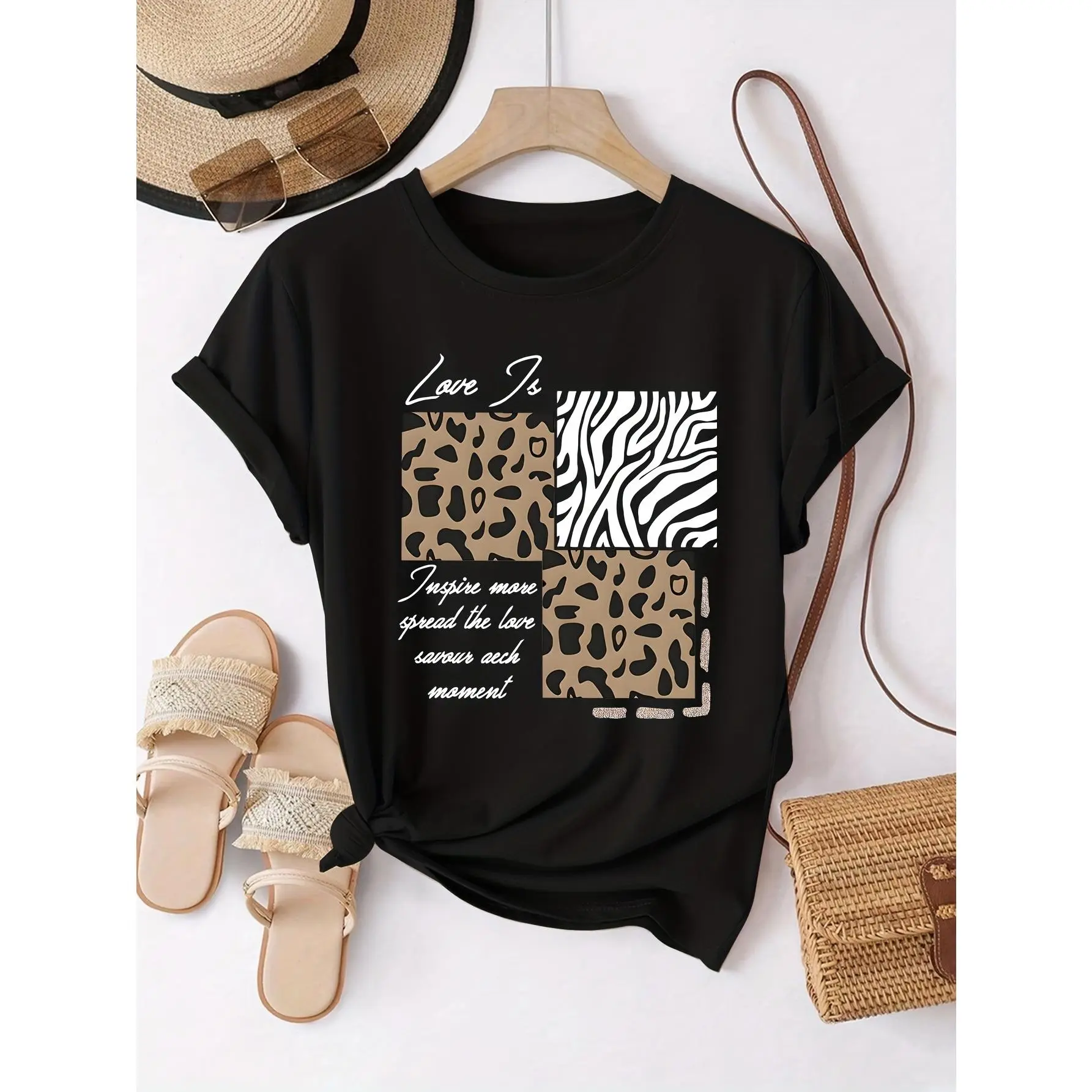 Leopard and zebra pattern slogan print vintage T-shirt, short-sleeved round-neck casual top, suitable for summer and spring, women's clothing, Circle Direction