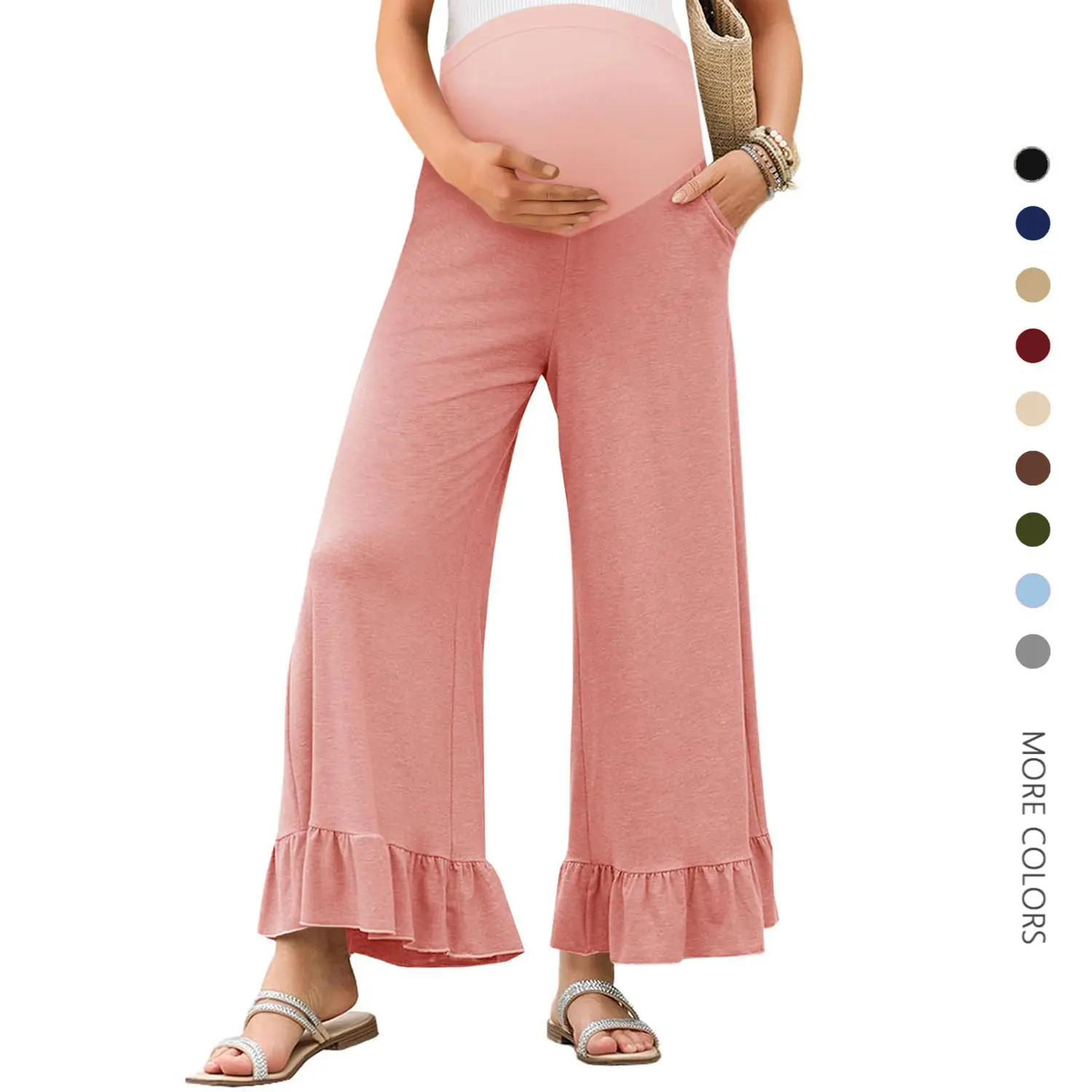 Danedvi Women's Maternity Ruffle Pants, Solid Stretch Palazzo Trousers in a Soft Breathable Fabric for Pregnancy & Postpartum Lounging, Maternity Wear, Ruffles, Casual Fit Maternity