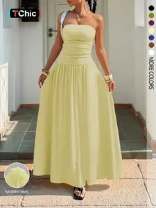 Women's New Cream Yellow Solid Textured Knit Ruched Chic Dress for Summer