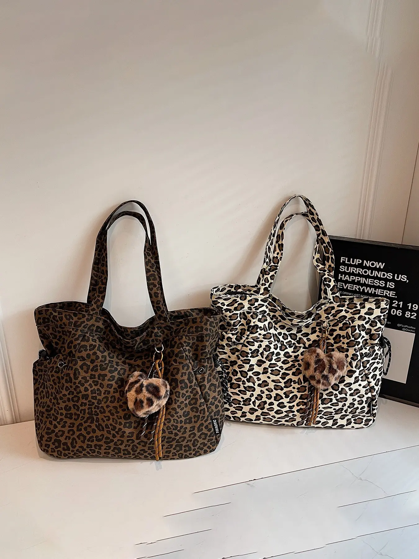 1pc Vintage Dark Brown Leopard Drawstring Large Tote Wide Webbing Dual Use Shoulder Handbag Layer Side Pocket Fur Ball Charm For Women Commute Shopping Carry Bag Casual Shoulder Tote Animal Tote Bag