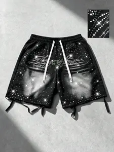 Men's Y2K Full Rhinestone Graffiti Drawstring Shorts, American Style Glitter High Street Hip Hop Pants, Trendy Fashion Apparel