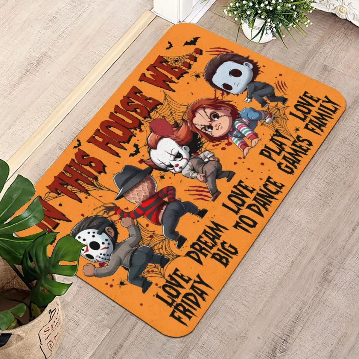 Halloween Floor Mat With Spooky Cartoon Horror Characters | Non-Slip Water Absorbent Rug for Entryway Bathroom Bathtub, Ideal Halloween Gift
