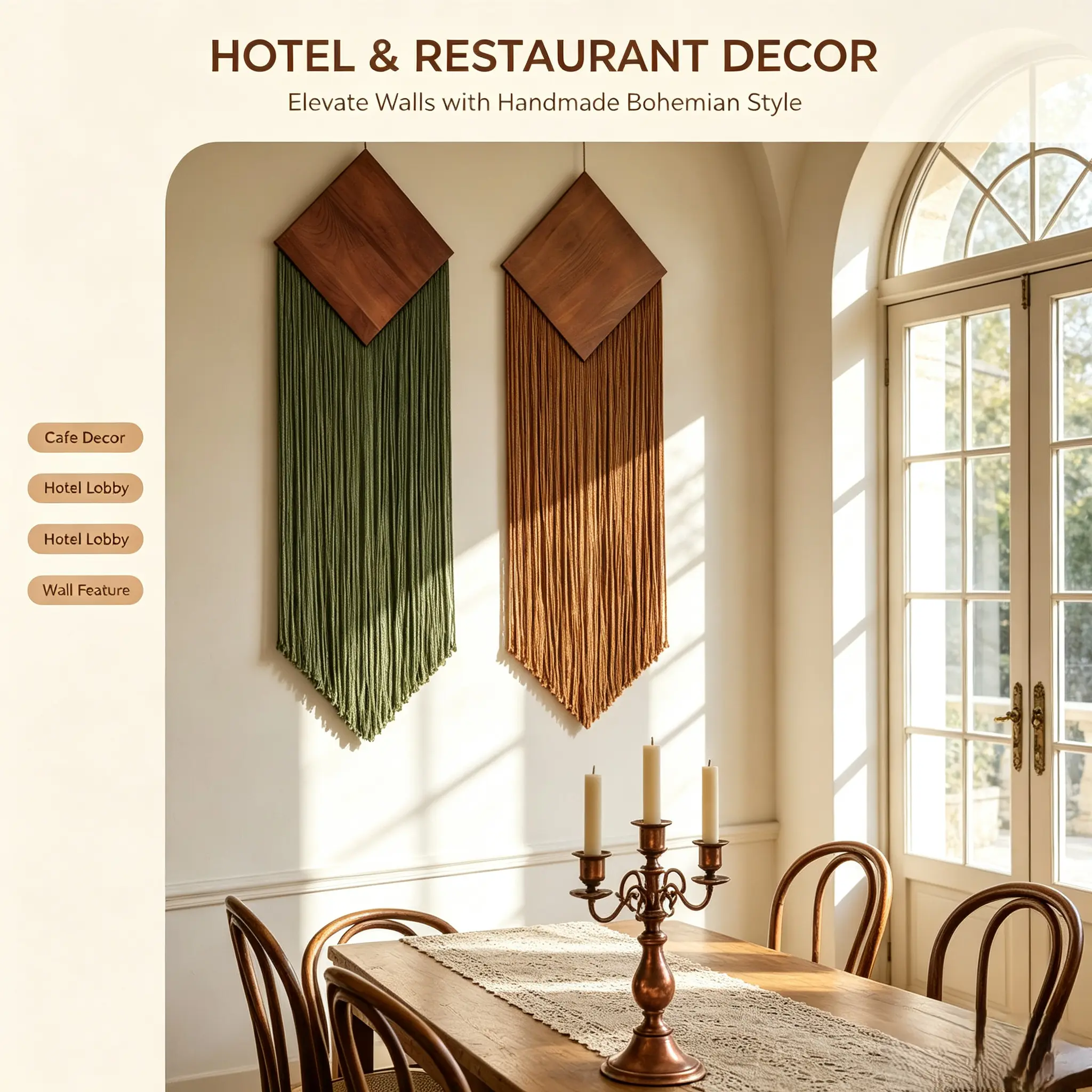 Cotton rope woven tassel tapestry with diamond-shaped wooden panel decoration, bohemian wall hanging for hotel wall decoration