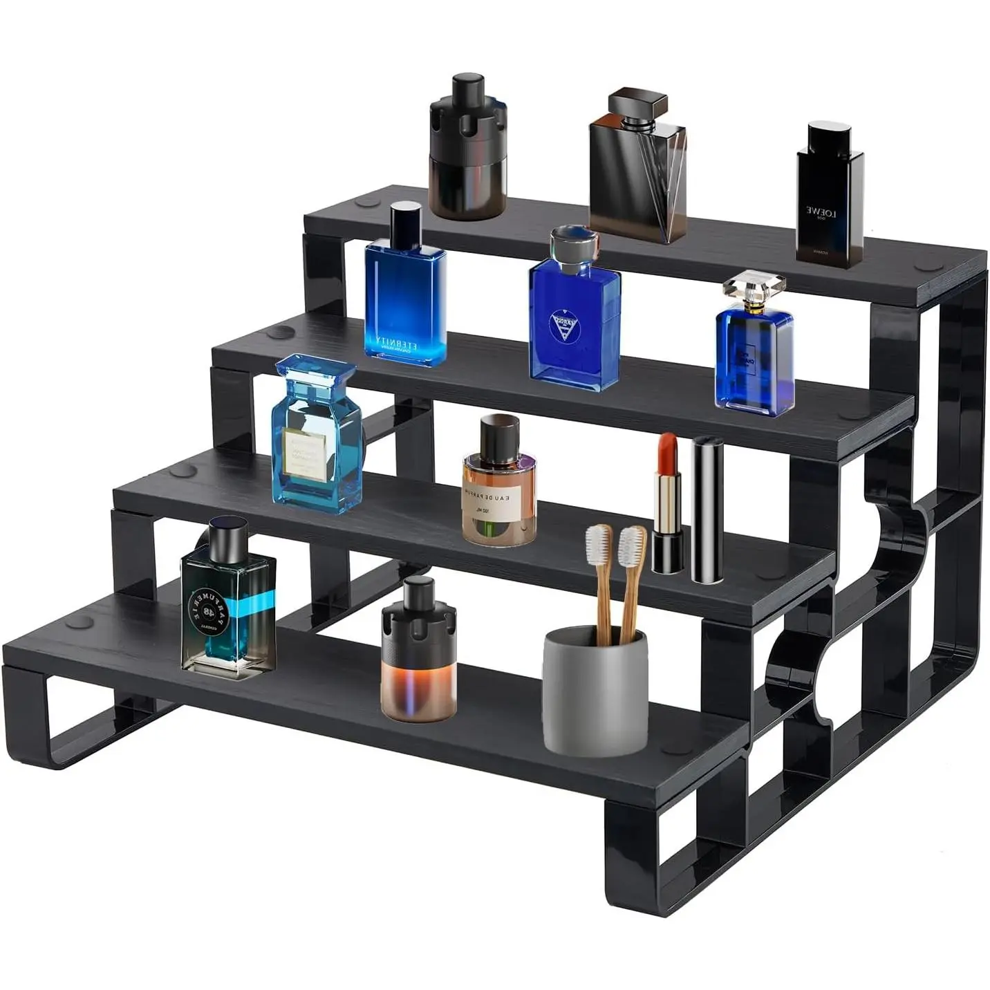 4 Tier Cologne Organizer for Men, Wooden Perfume Display Stand, Countertop |   Black wooden Display Stand Stores Men’s Cologne. Multi-use riser for dresser, figures, cupcake display, 11.2 inch.