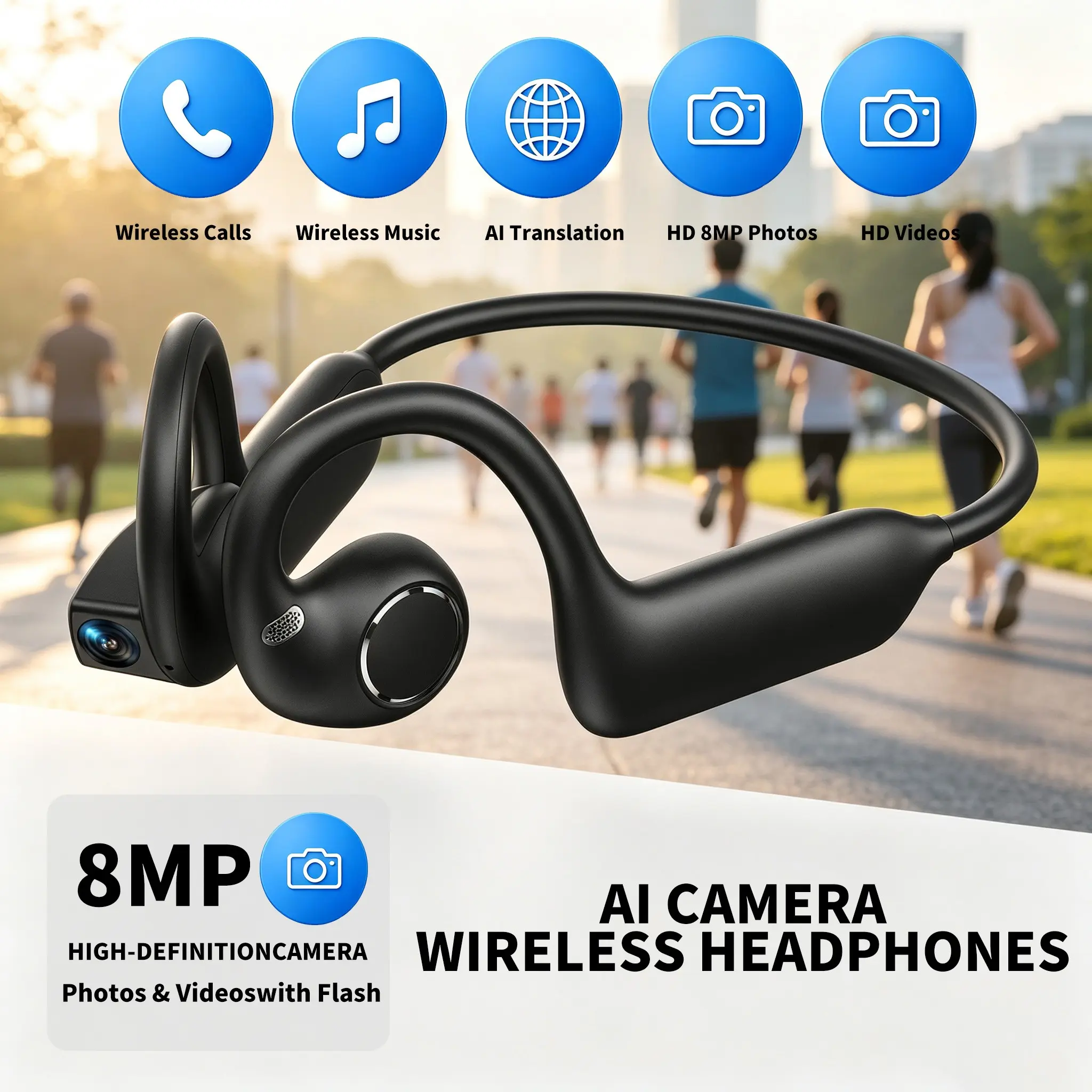 Bluetooth wireless earphones with camera, supporting HD photography and video recording, bone conduction wireless earphones, supporting AI voice assistant, recording and other functions, with 8GB memory, suitable for daily outdoor sports wear